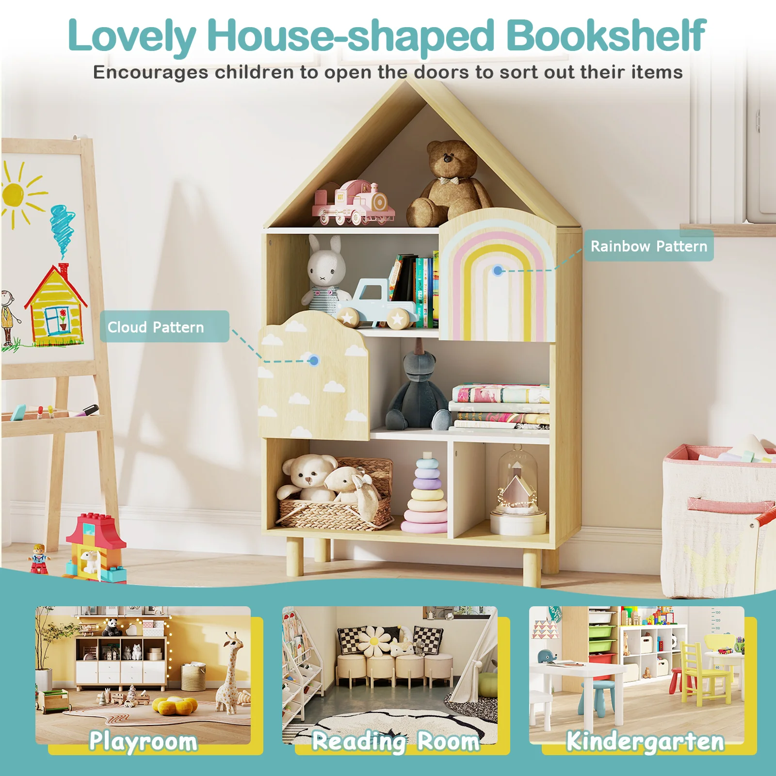 Kids Dollhouse Bookshelf, House-shaped Bookcase with 2 Doors for Playroom, Nursery, Bedroom - Image 6