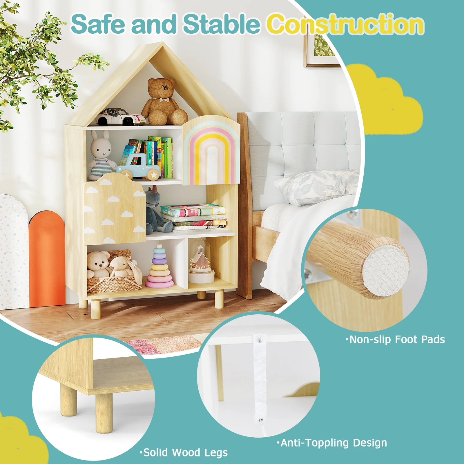 Kids Dollhouse Bookshelf, House-shaped Bookcase with 2 Doors for Playroom, Nursery, Bedroom - Image 7