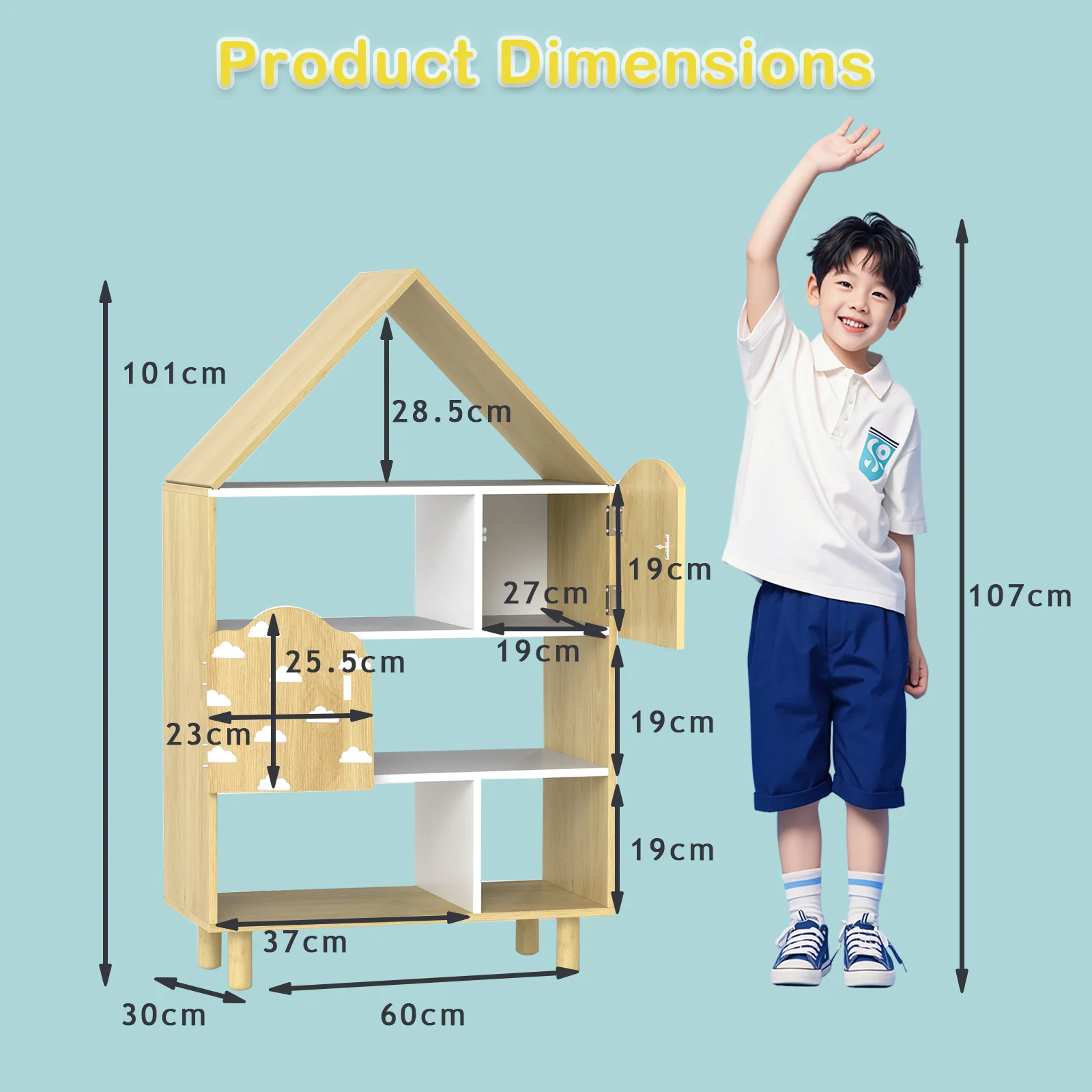 Kids Dollhouse Bookshelf, House-shaped Bookcase with 2 Doors for Playroom, Nursery, Bedroom - Image 9