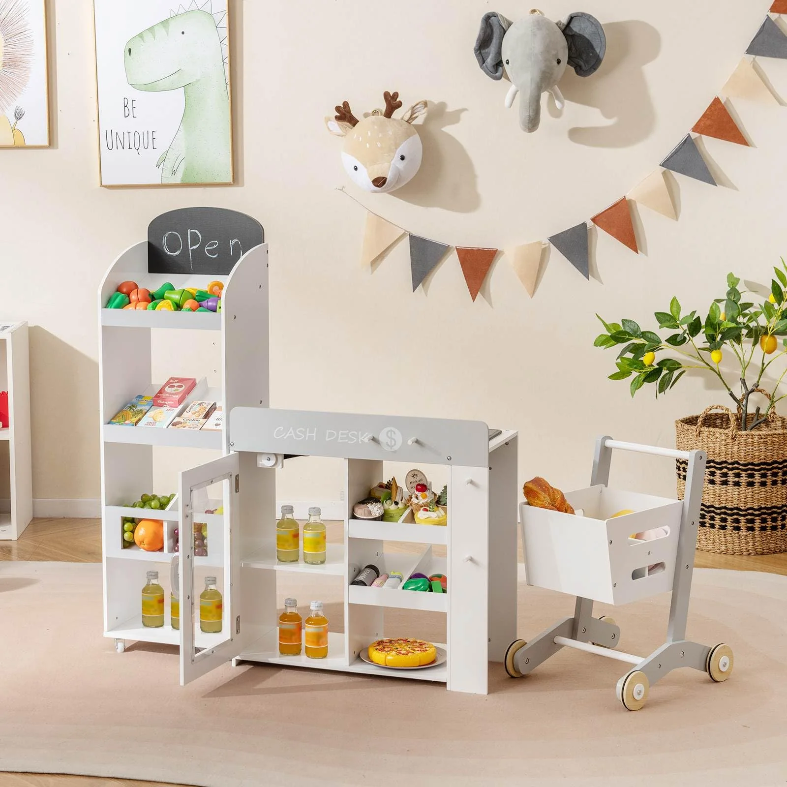 Kids Grocery Store Playset, Convertible Wooden Play Store with Shopping Cart - Image 3