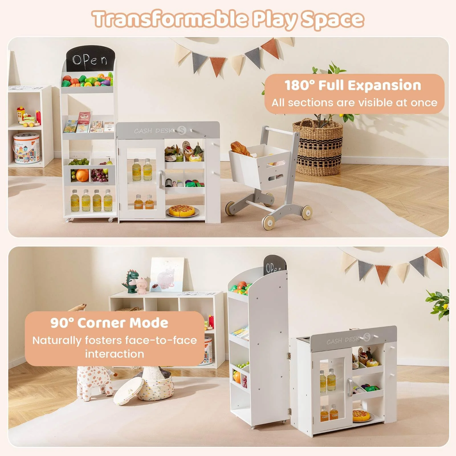 Kids Grocery Store Playset, Convertible Wooden Play Store with Shopping Cart - Image 4