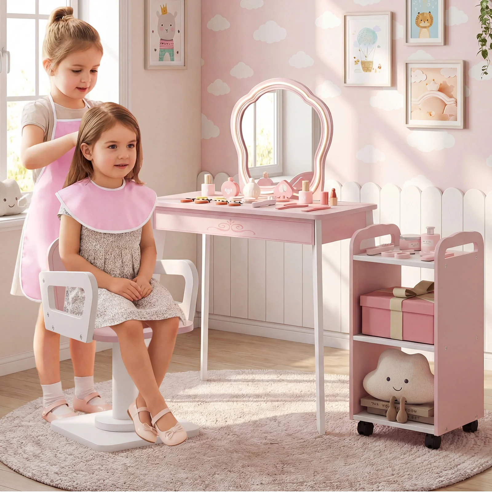 Kids Hair Salon Play Set with LED Lighted Mirror Swivel Barber - Image 2