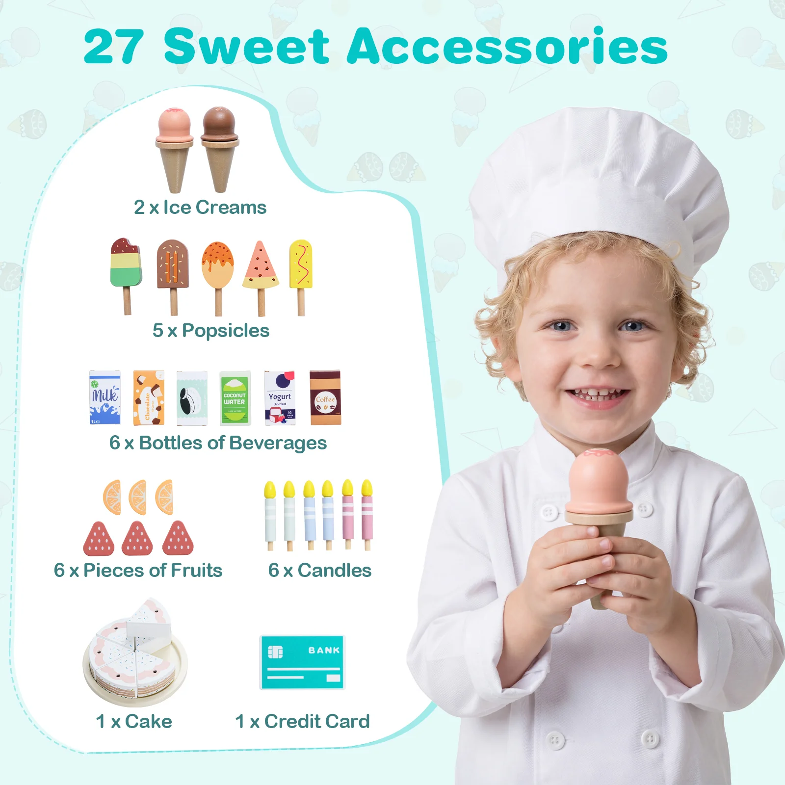 Kids Ice Cream Shop Wooden Grocery Store with 27 Accessories Gift for Boys and Girls Aged 3+ - Image 4