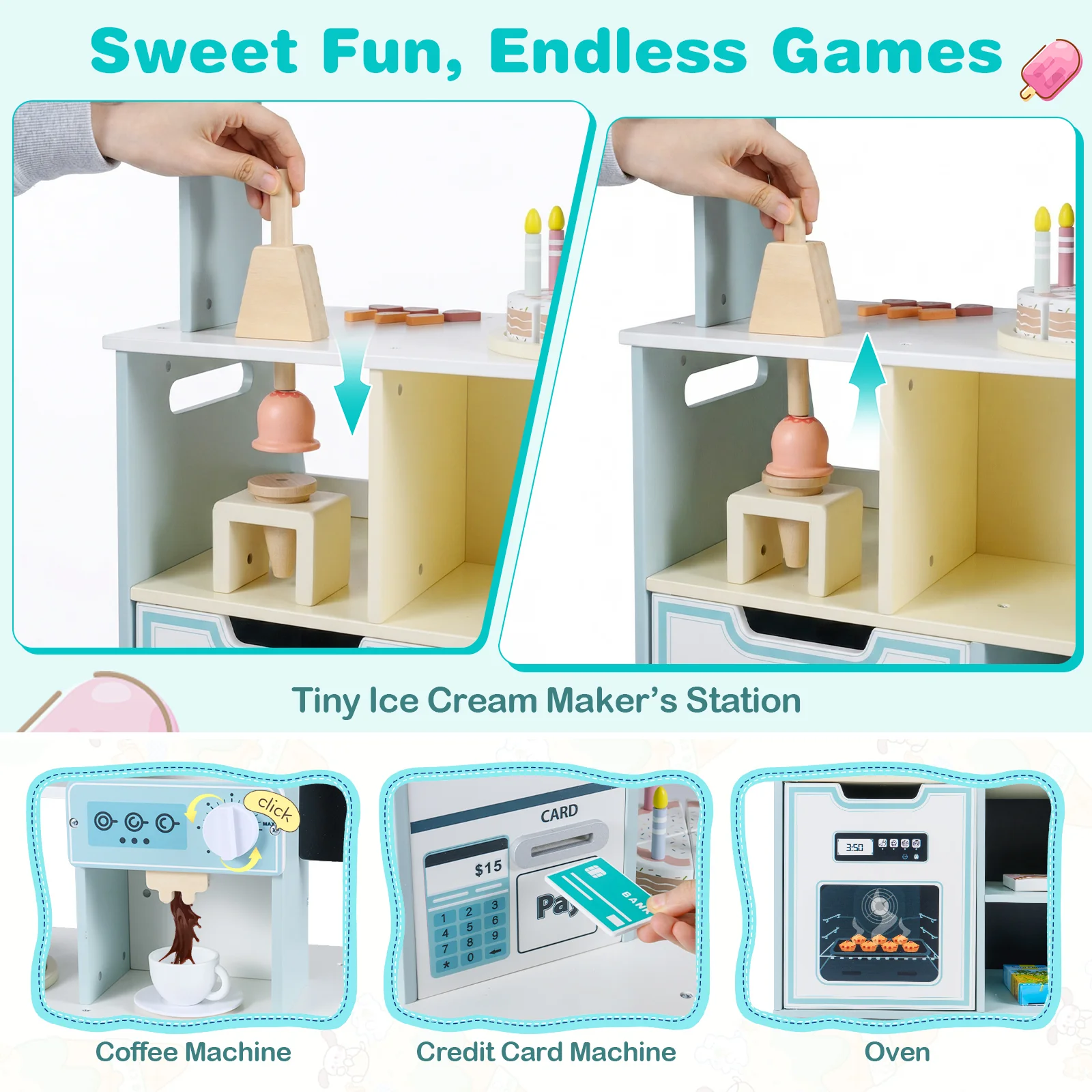 Kids Ice Cream Shop Wooden Grocery Store with 27 Accessories Gift for Boys and Girls Aged 3+ - Image 5