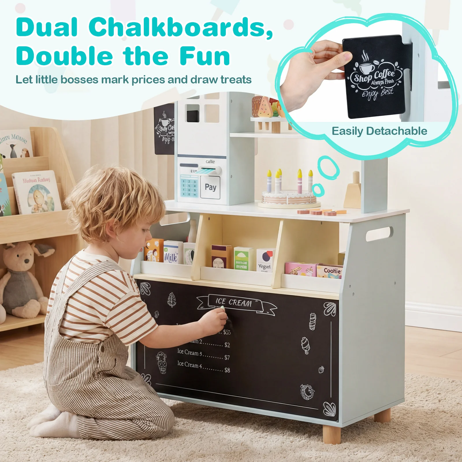 Kids Ice Cream Shop Wooden Grocery Store with 27 Accessories Gift for Boys and Girls Aged 3+ - Image 7