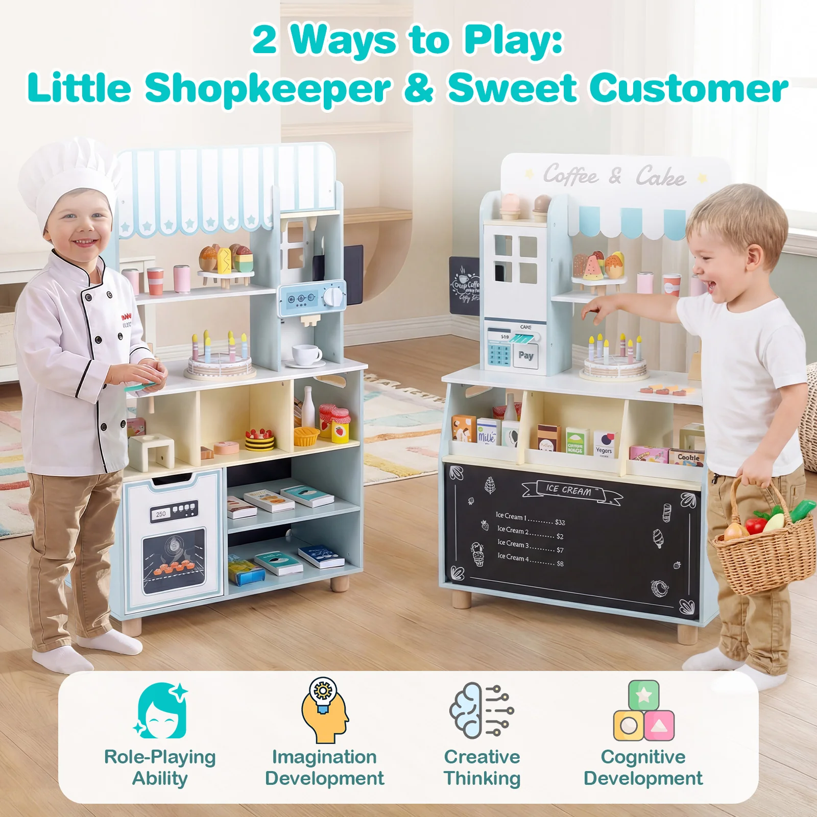 Kids Ice Cream Shop Wooden Grocery Store with 27 Accessories Gift for Boys and Girls Aged 3+ - Image 9