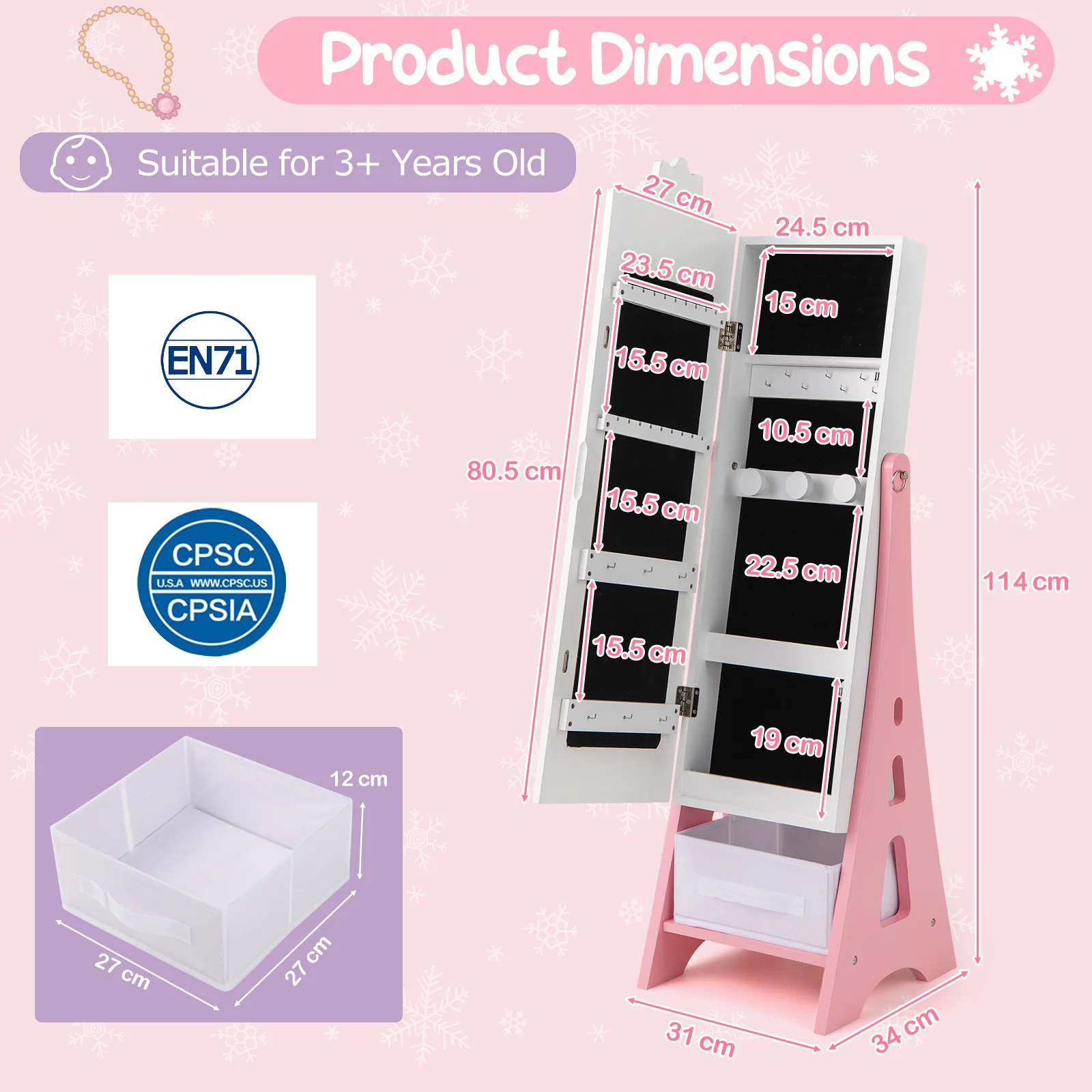 Kids Jewelry Armoire Cabinet, Free-Standing Full Length Mirror with Storage and 2 Tilt Angles - Image 3