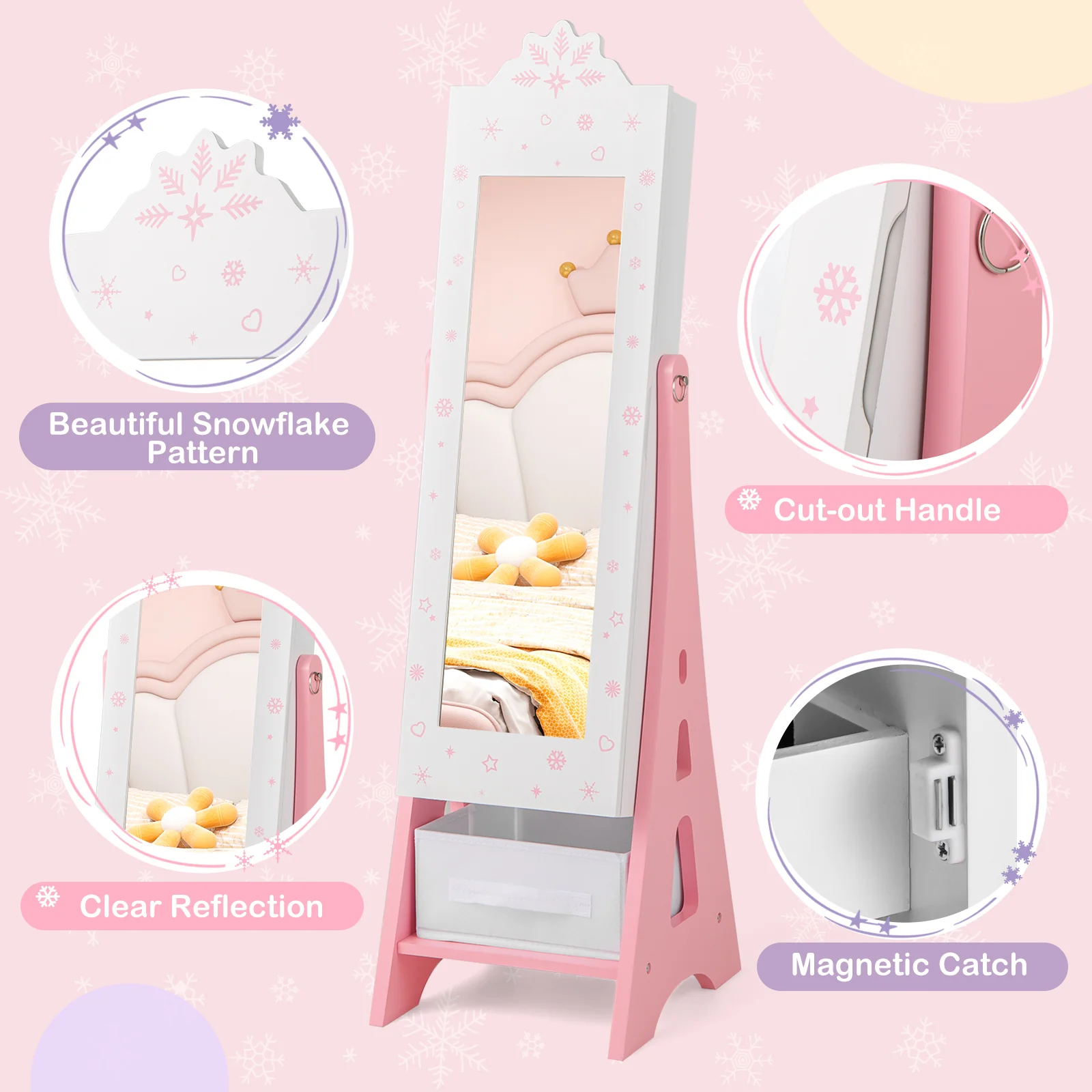 Kids Jewelry Armoire Cabinet, Free-Standing Full Length Mirror with Storage and 2 Tilt Angles - Image 4