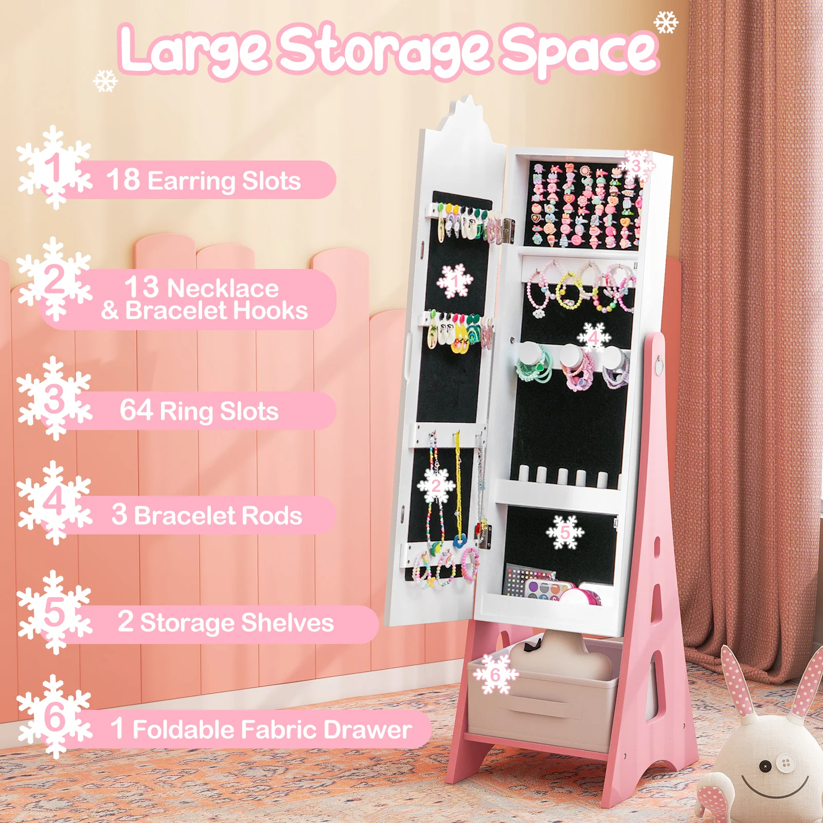 Kids Jewelry Armoire Cabinet, Free-Standing Full Length Mirror with Storage and 2 Tilt Angles - Image 5