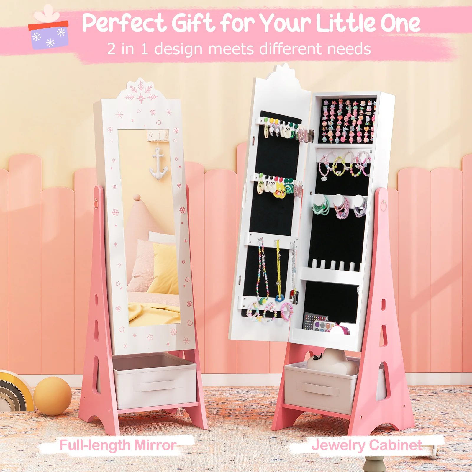 Kids Jewelry Armoire Cabinet, Free-Standing Full Length Mirror with Storage and 2 Tilt Angles - Image 6