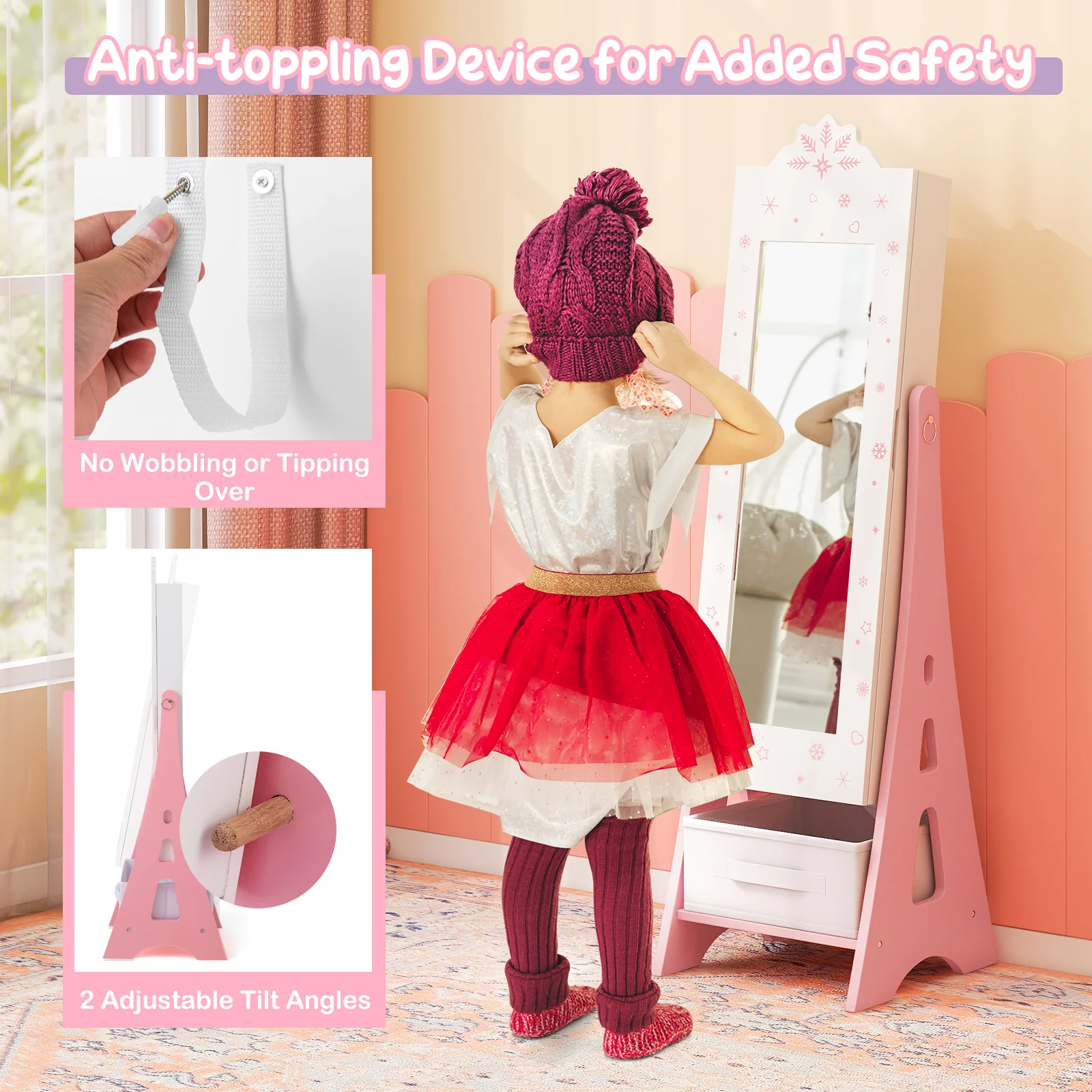 Kids Jewelry Armoire Cabinet, Free-Standing Full Length Mirror with Storage and 2 Tilt Angles - Image 7