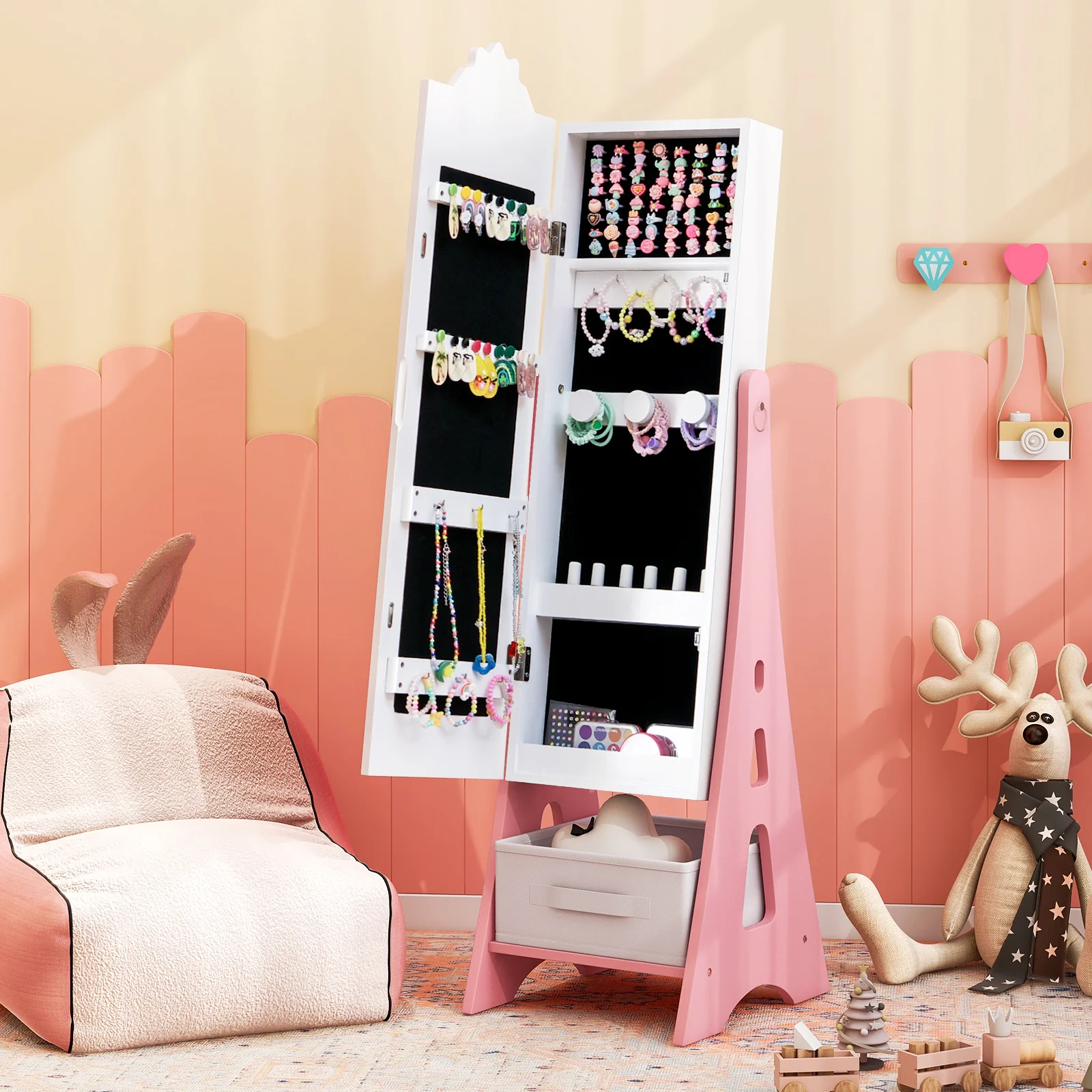 Kids Jewelry Armoire Cabinet, Free-Standing Full Length Mirror with Storage and 2 Tilt Angles - Image 8