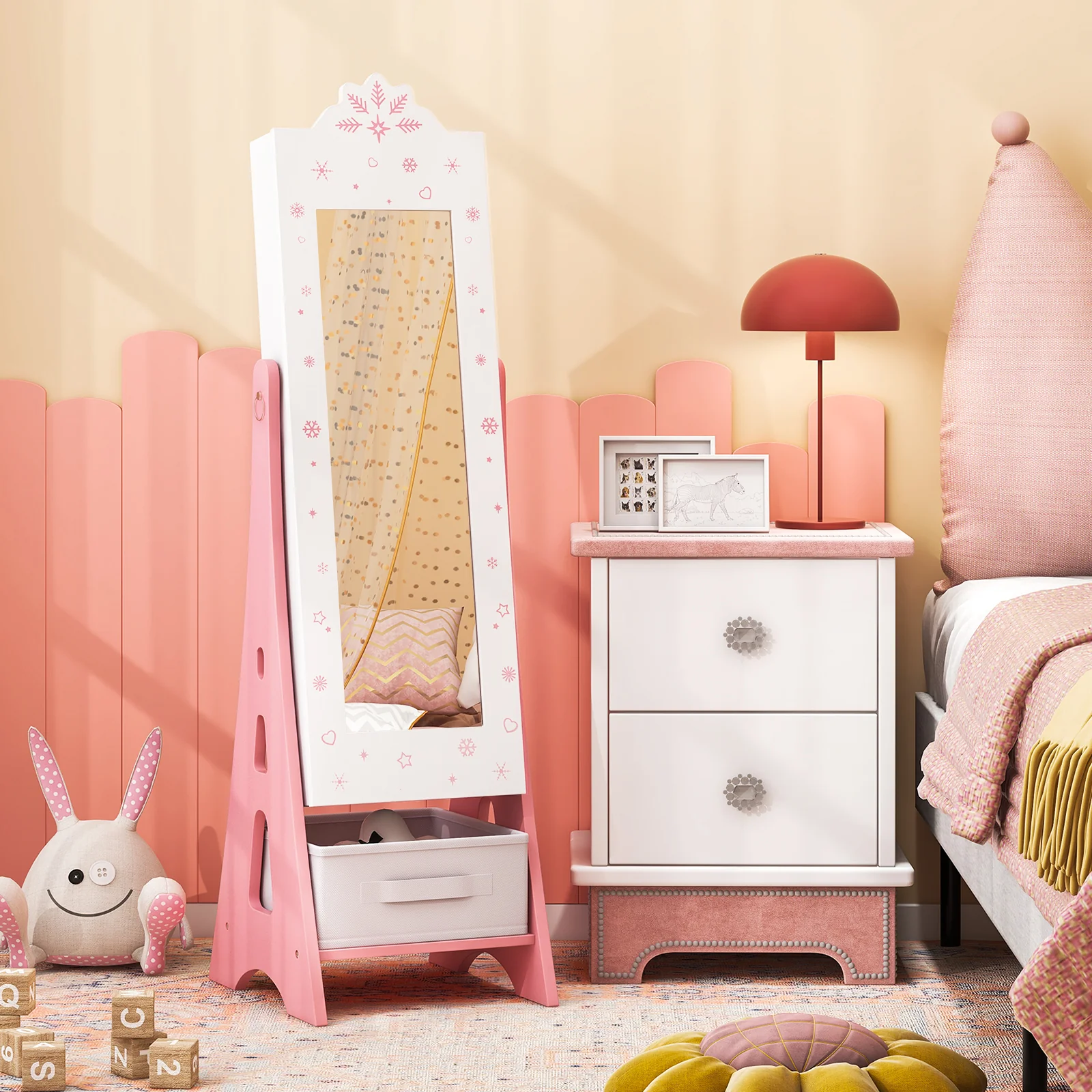 Kids Jewelry Armoire Cabinet, Free-Standing Full Length Mirror with Storage and 2 Tilt Angles - Image 9