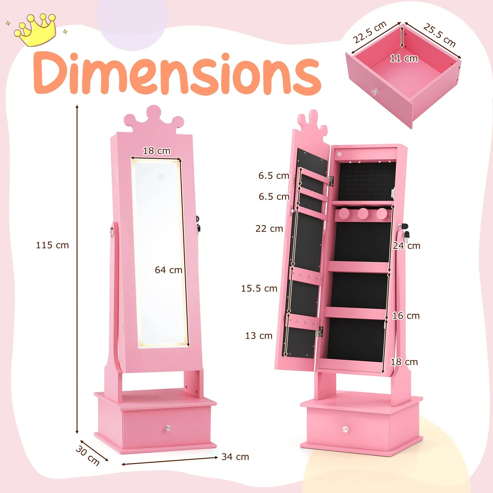 Kids Jewelry Cabinet with 2 Tilt Angles and 4 Sensor Lights - Image 3