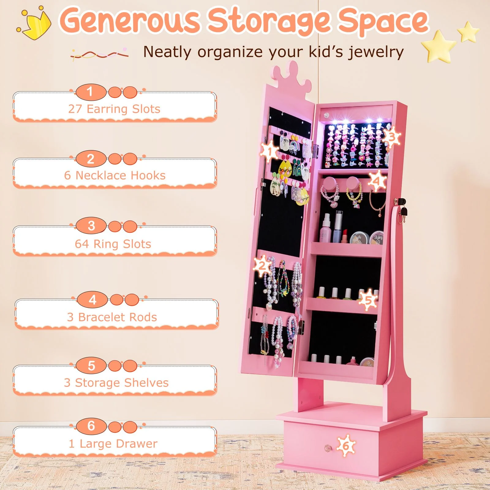 Kids Jewelry Cabinet with 2 Tilt Angles and 4 Sensor Lights - Image 4