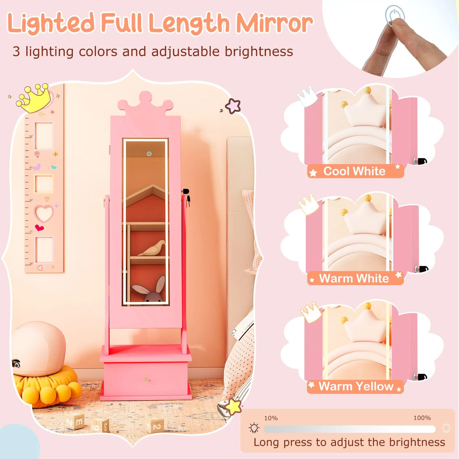 Kids Jewelry Cabinet with 2 Tilt Angles and 4 Sensor Lights - Image 5