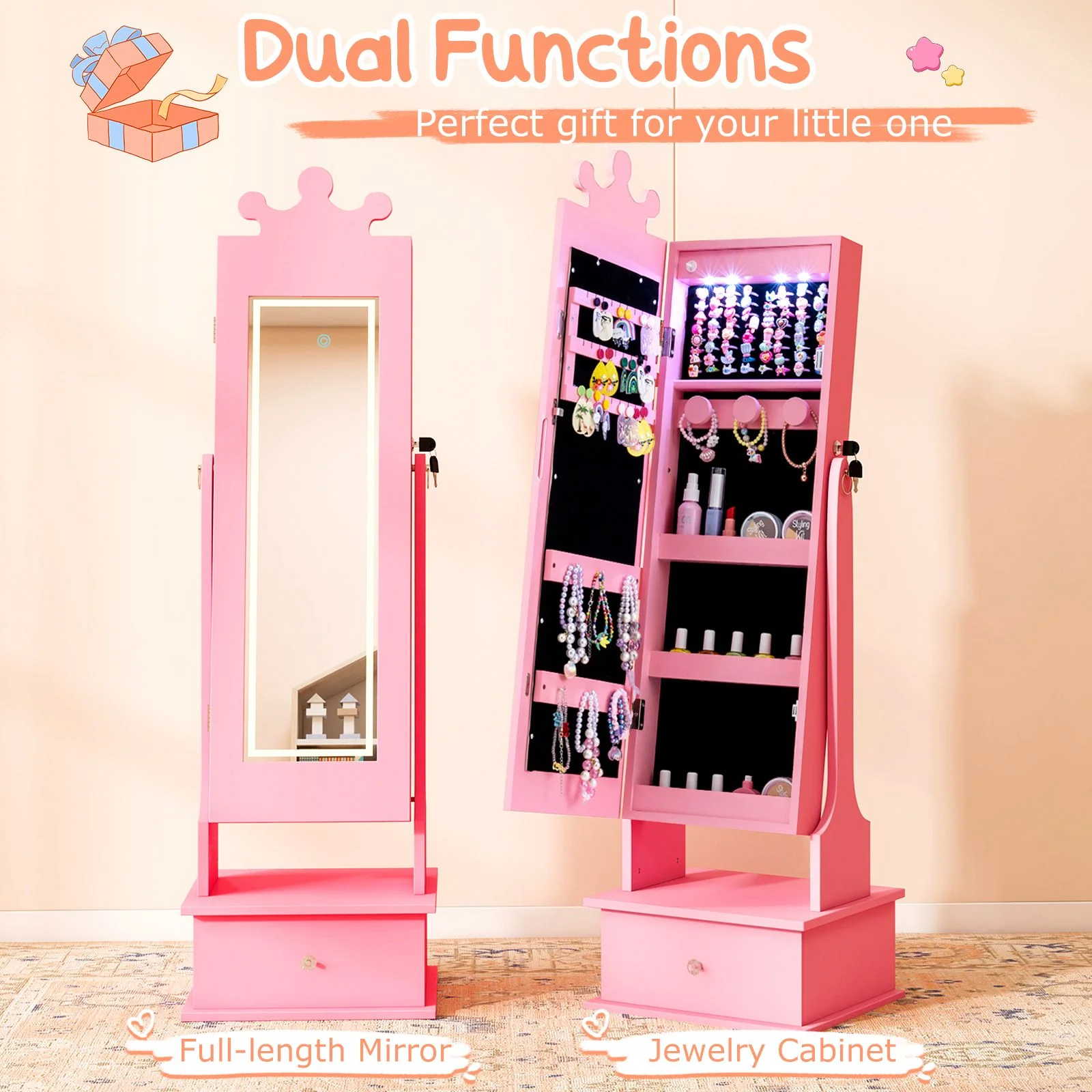 Kids Jewelry Cabinet with 2 Tilt Angles and 4 Sensor Lights - Image 7