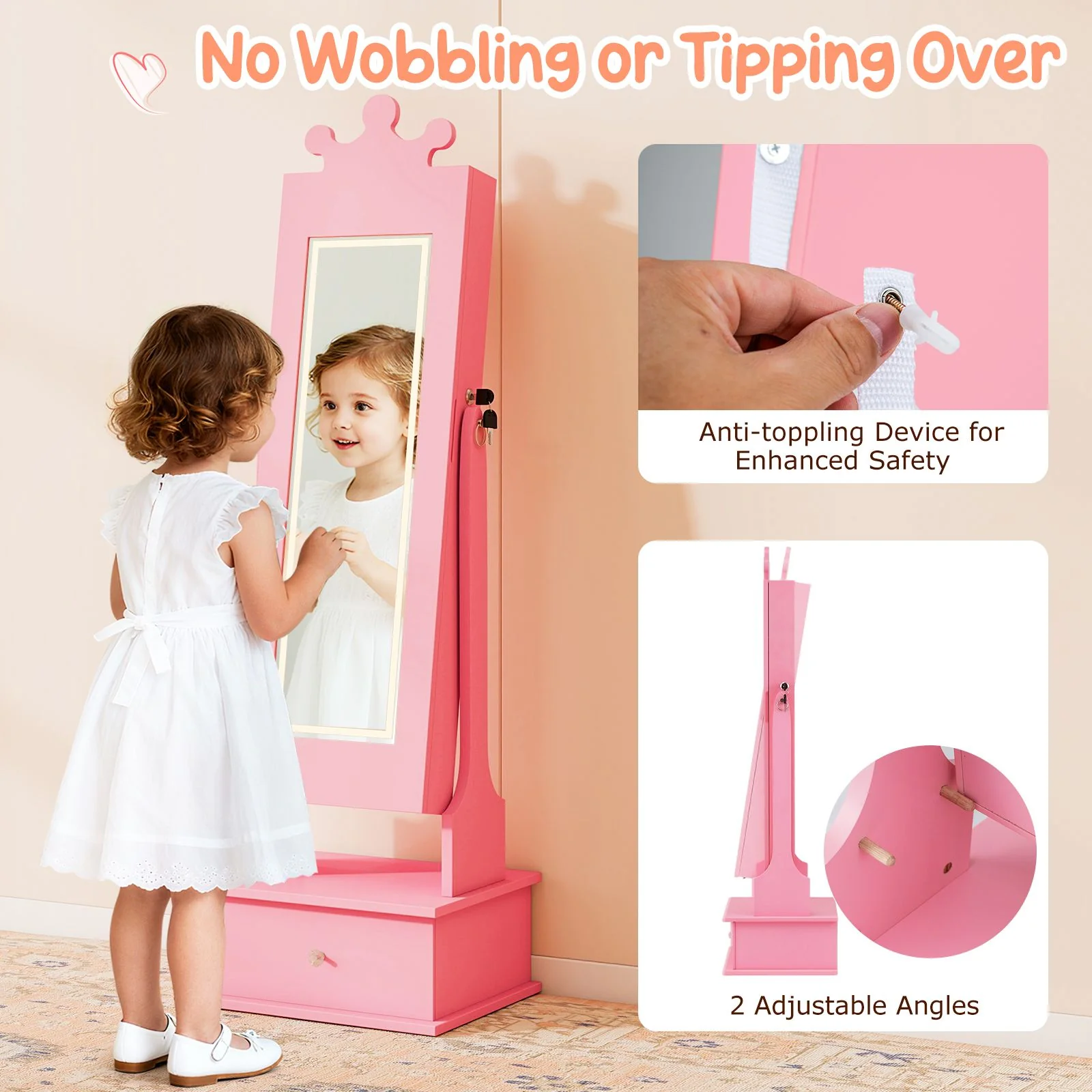 Kids Jewelry Cabinet with 2 Tilt Angles and 4 Sensor Lights - Image 8