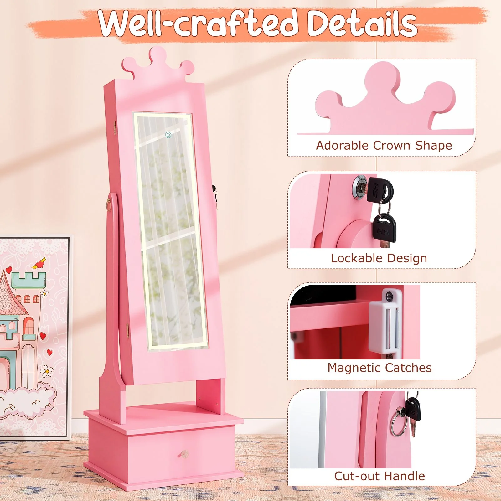 Kids Jewelry Cabinet with 2 Tilt Angles and 4 Sensor Lights - Image 9