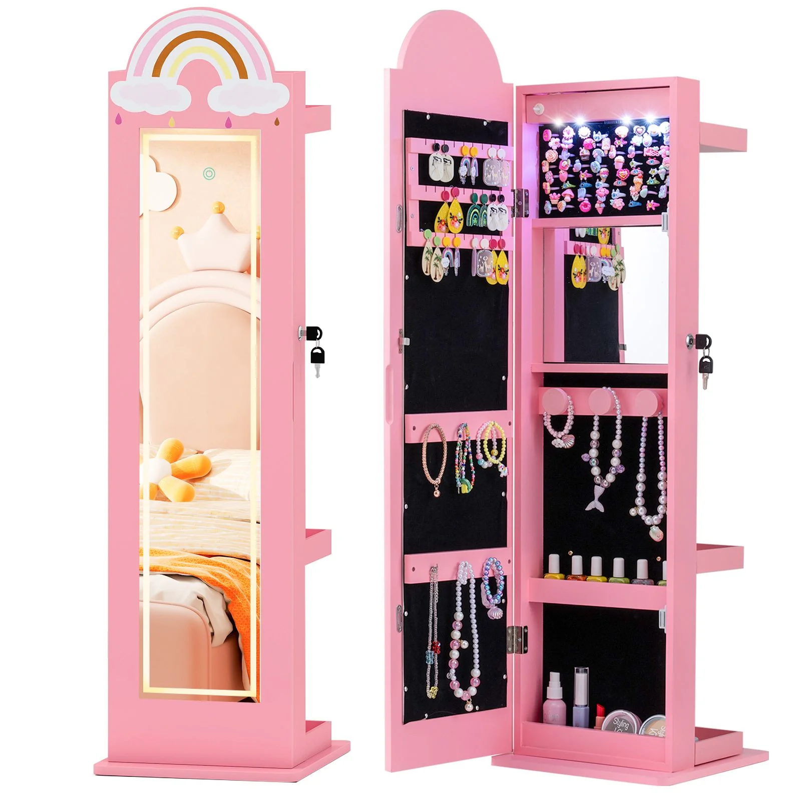 Standing Children Jewelry Organizer with Lights & Full-Length Mirror, Princess Jewelry Armoire