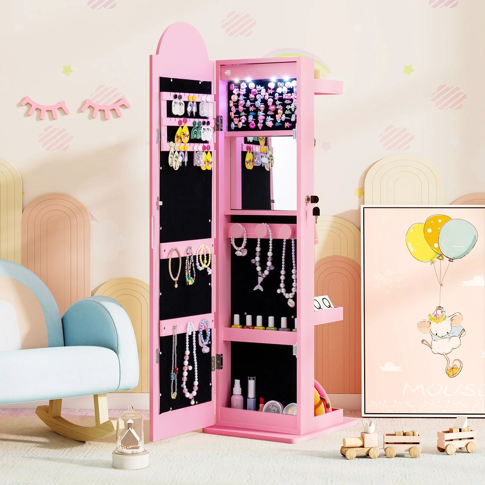 Standing Children Jewelry Organizer with Lights & Full-Length Mirror, Princess Jewelry Armoire - Image 2