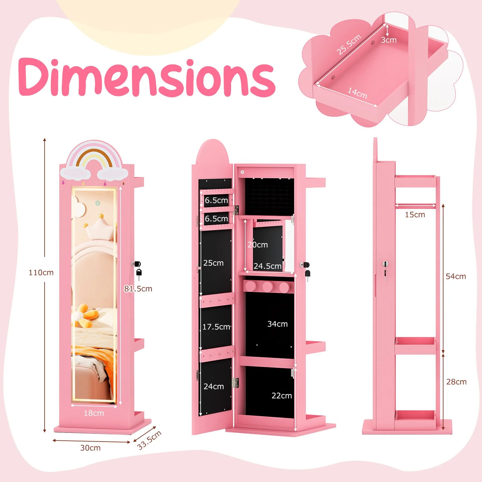 Standing Children Jewelry Organizer with Lights & Full-Length Mirror, Princess Jewelry Armoire - Image 3