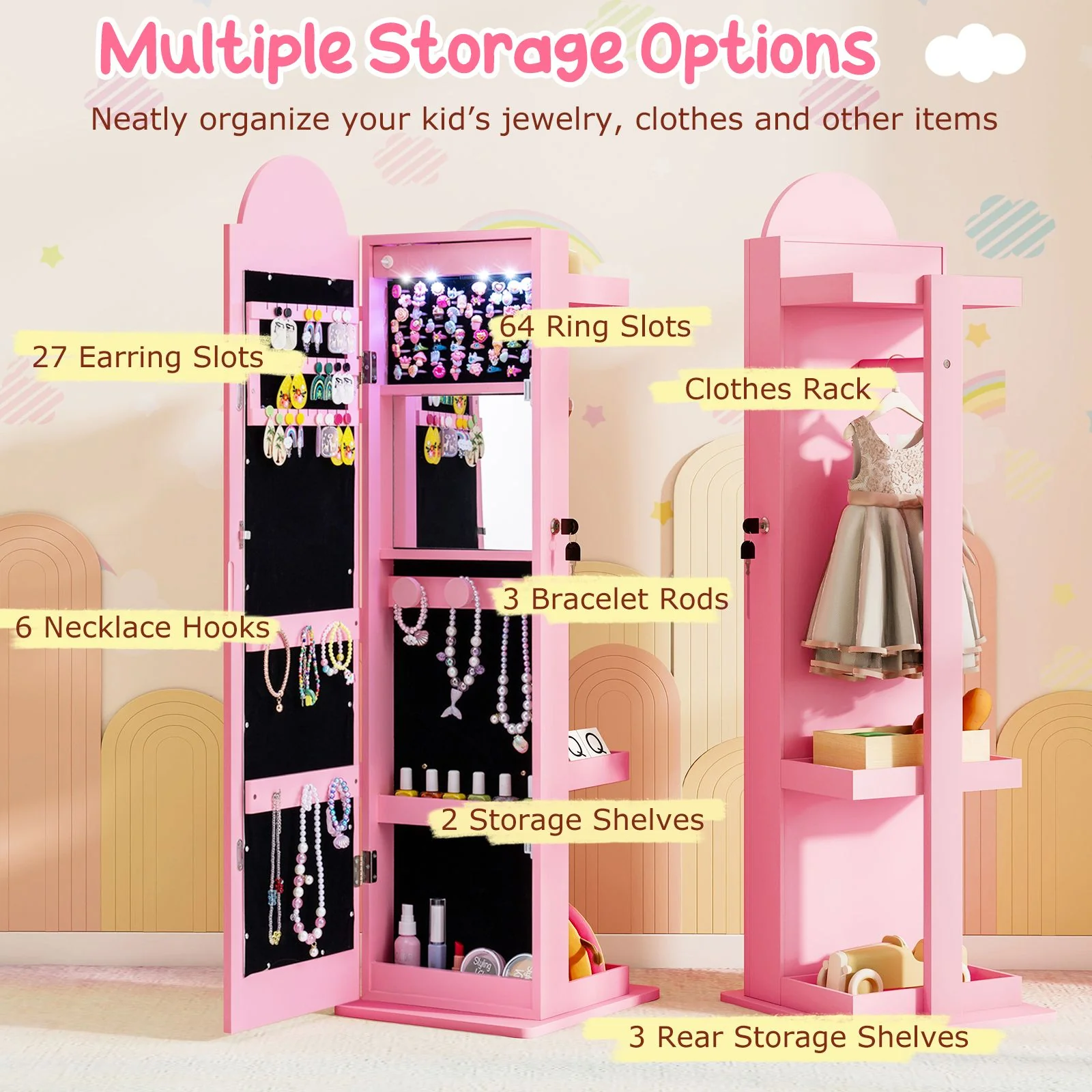 Standing Children Jewelry Organizer with Lights & Full-Length Mirror, Princess Jewelry Armoire - Image 5