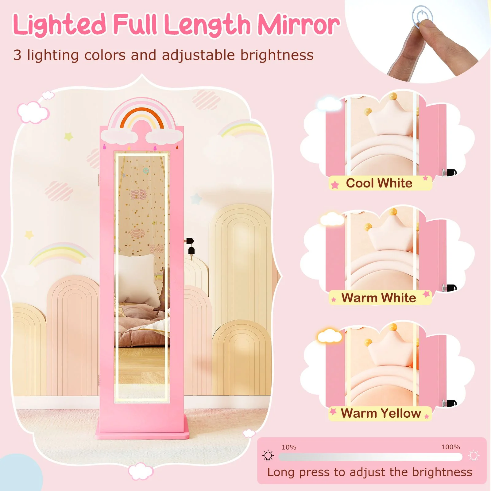 Standing Children Jewelry Organizer with Lights & Full-Length Mirror, Princess Jewelry Armoire - Image 6
