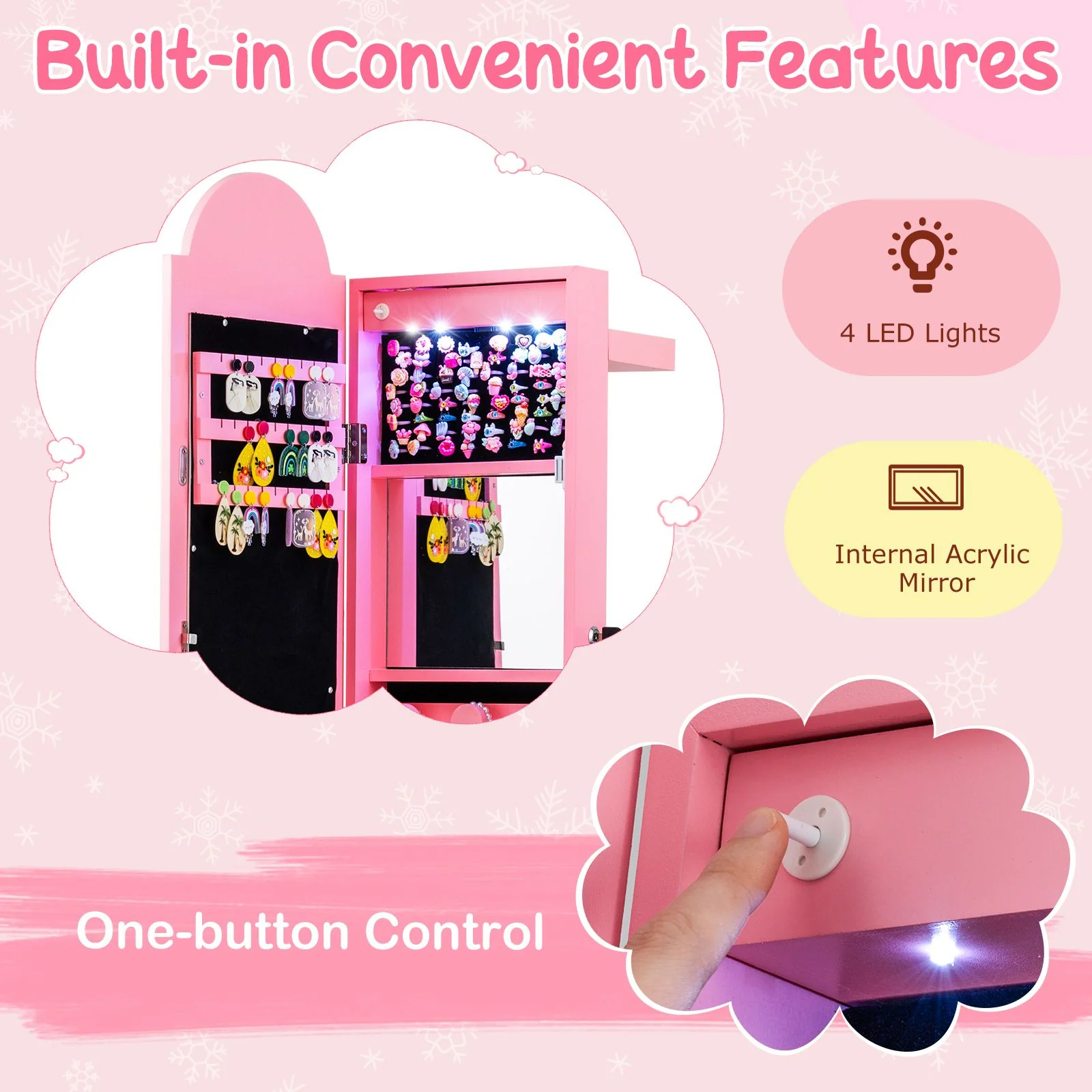 Standing Children Jewelry Organizer with Lights & Full-Length Mirror, Princess Jewelry Armoire - Image 7
