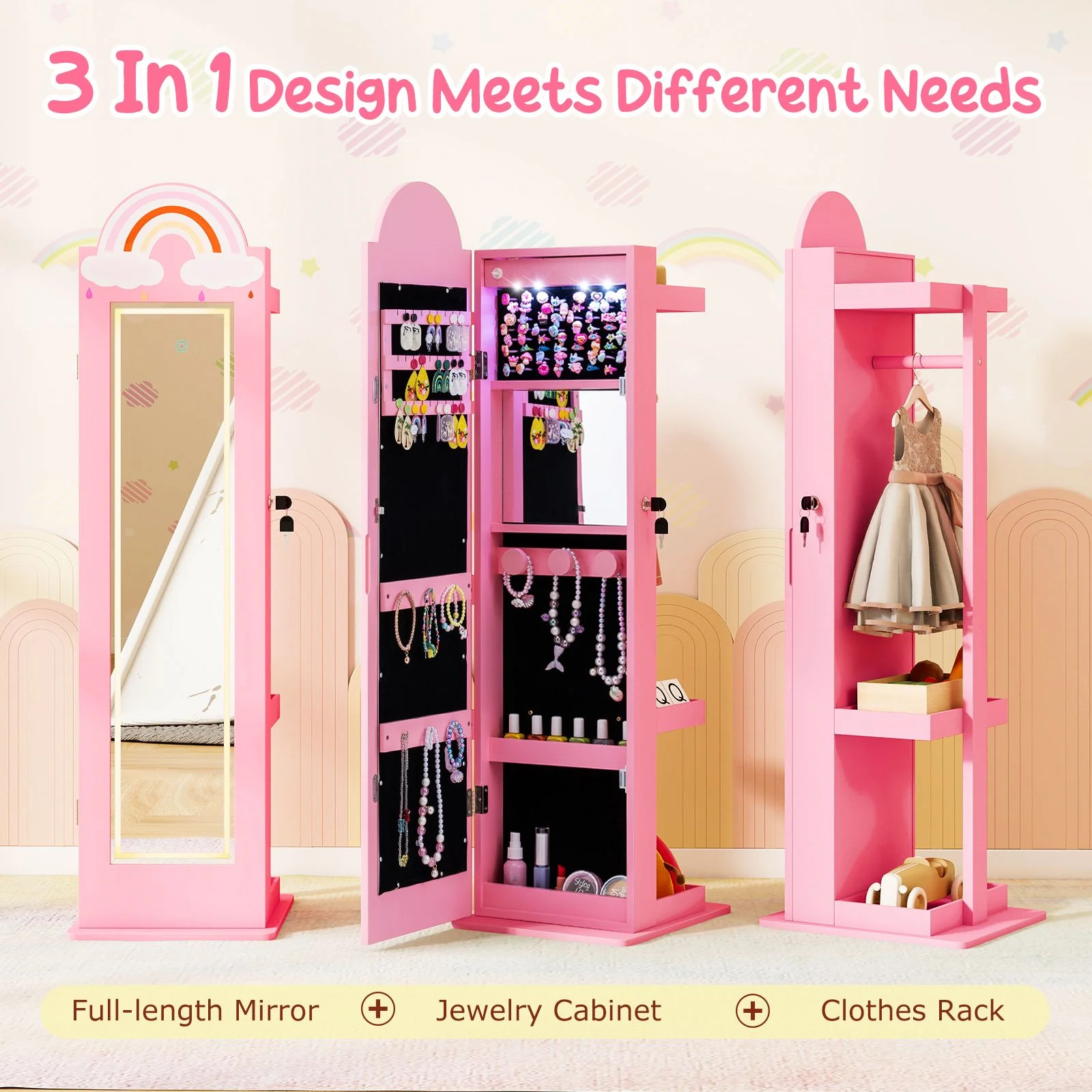 Standing Children Jewelry Organizer with Lights & Full-Length Mirror, Princess Jewelry Armoire - Image 8