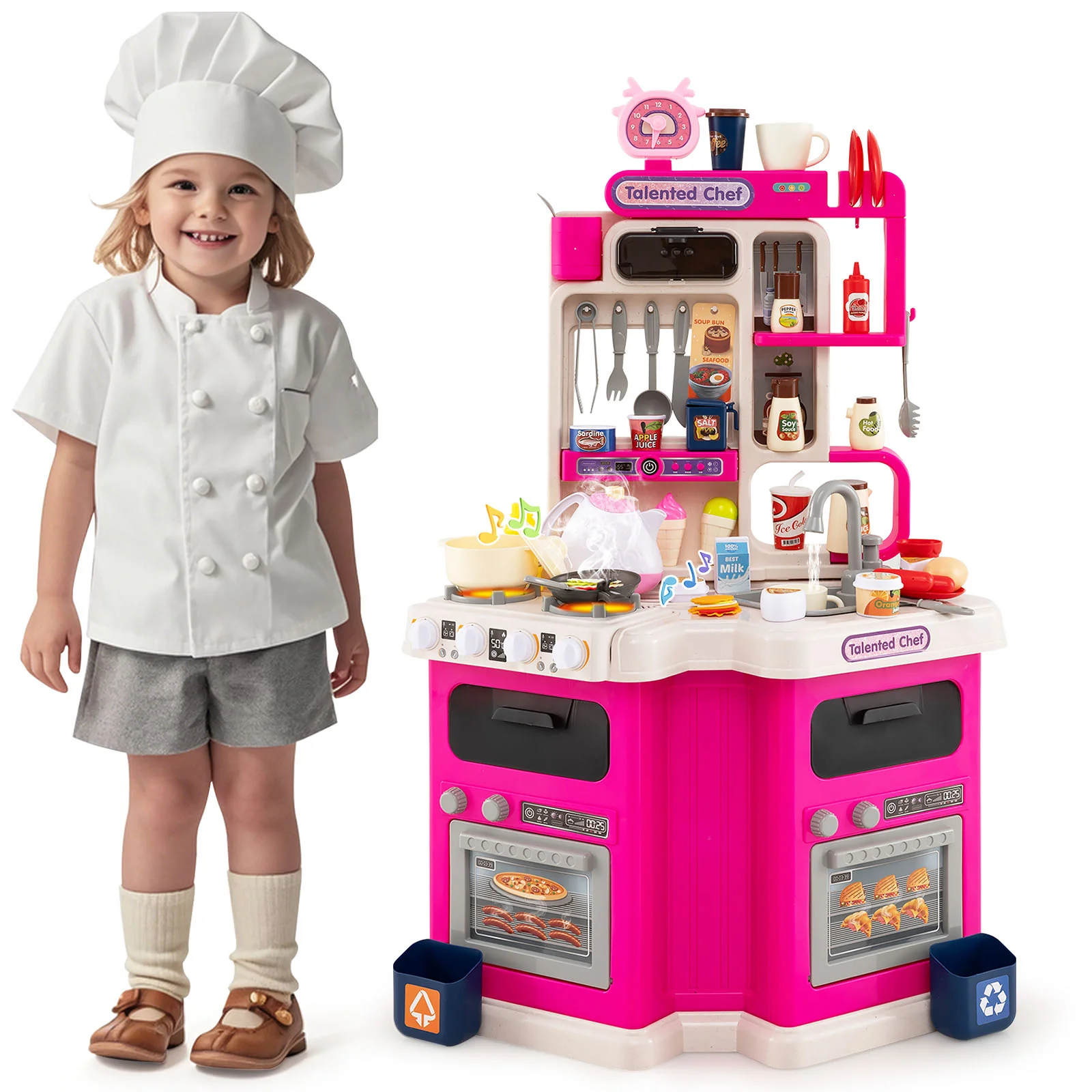 Kids Kitchen Playset, Corner Play Kitchen with Realistic Sounds and Lights, Cooking Stove with Steam - Image 10