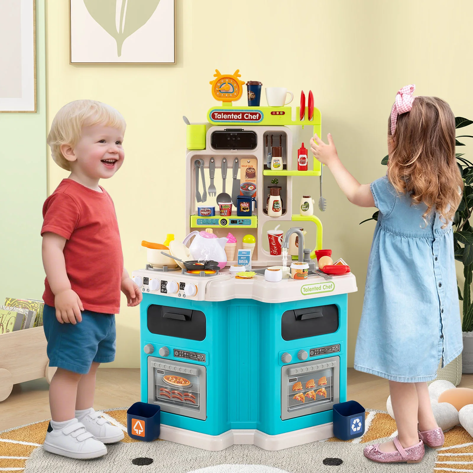 Kids Kitchen Playset, Corner Play Kitchen with Realistic Sounds and Lights, Cooking Stove with Steam - Image 2