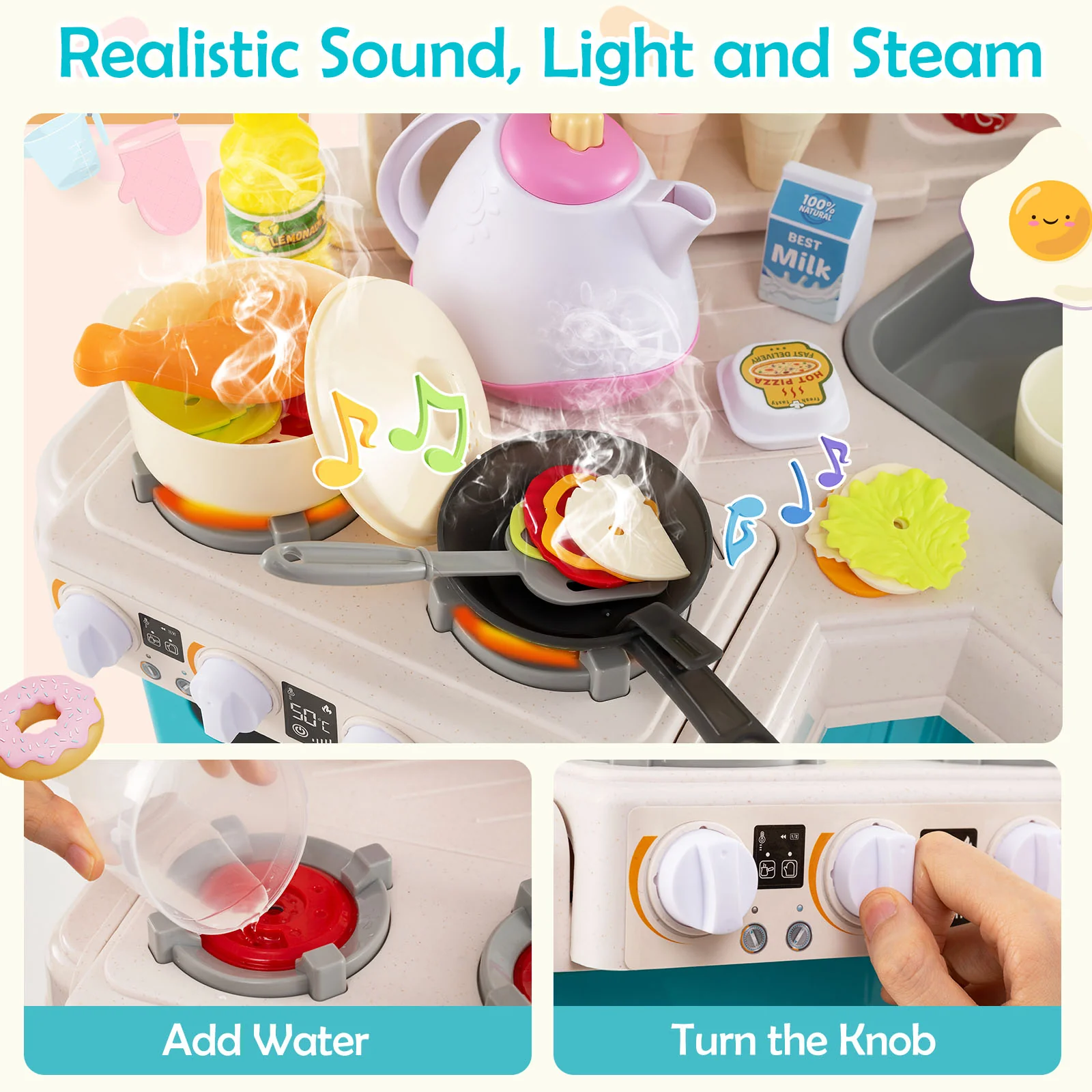 Kids Kitchen Playset, Corner Play Kitchen with Realistic Sounds and Lights, Cooking Stove with Steam - Image 4