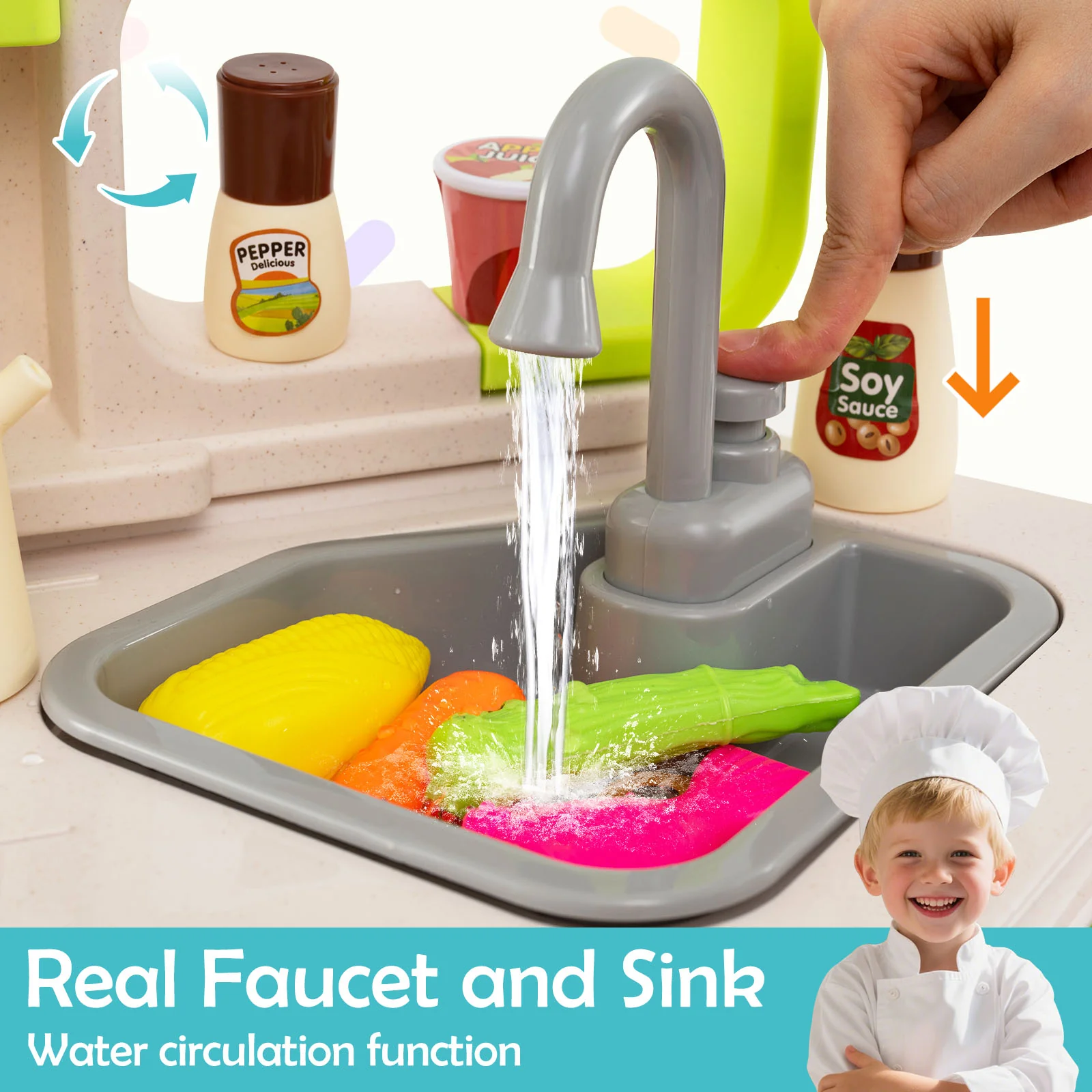 Kids Kitchen Playset, Corner Play Kitchen with Realistic Sounds and Lights, Cooking Stove with Steam - Image 5