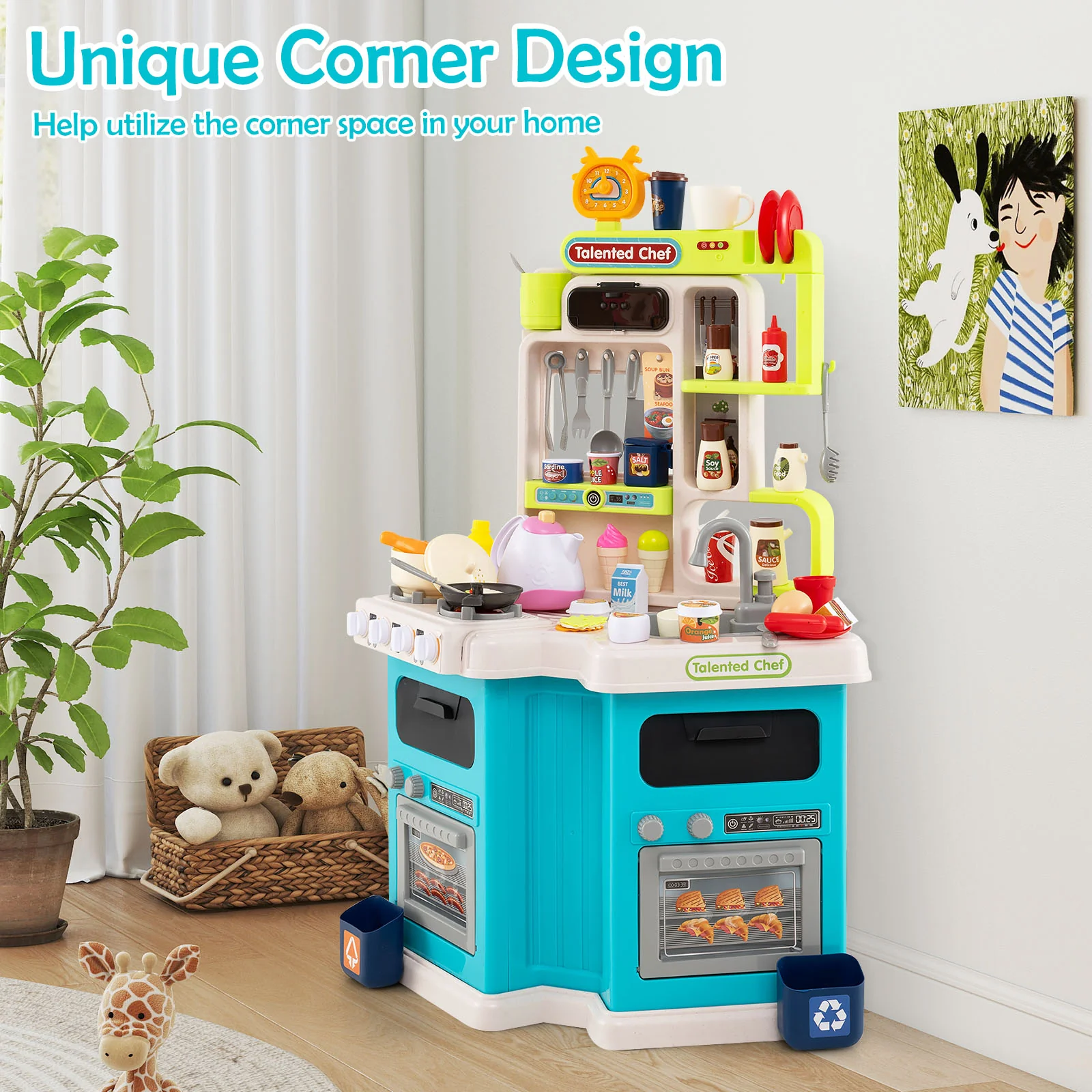 Kids Kitchen Playset, Corner Play Kitchen with Realistic Sounds and Lights, Cooking Stove with Steam - Image 6