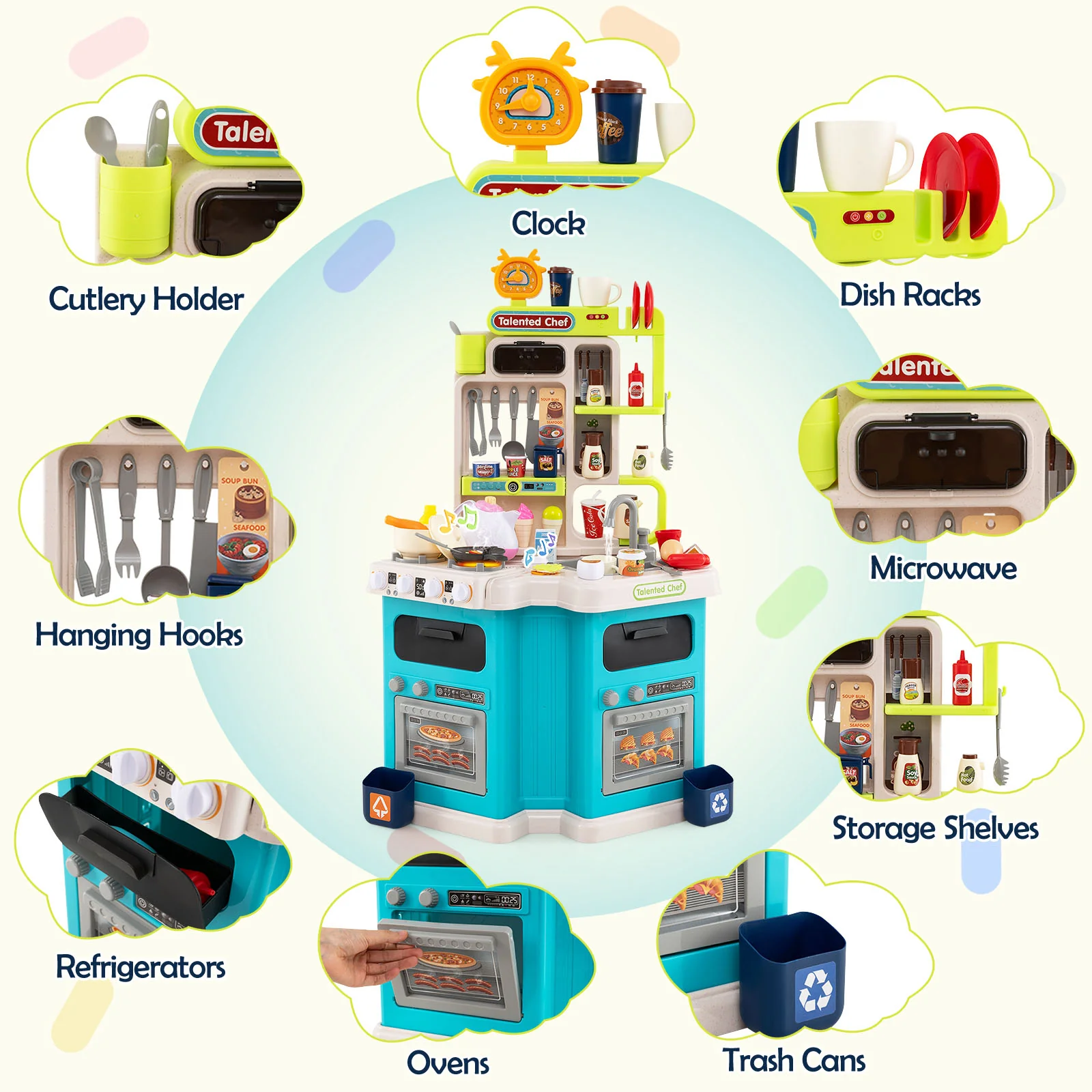 Kids Kitchen Playset, Corner Play Kitchen with Realistic Sounds and Lights, Cooking Stove with Steam - Image 7