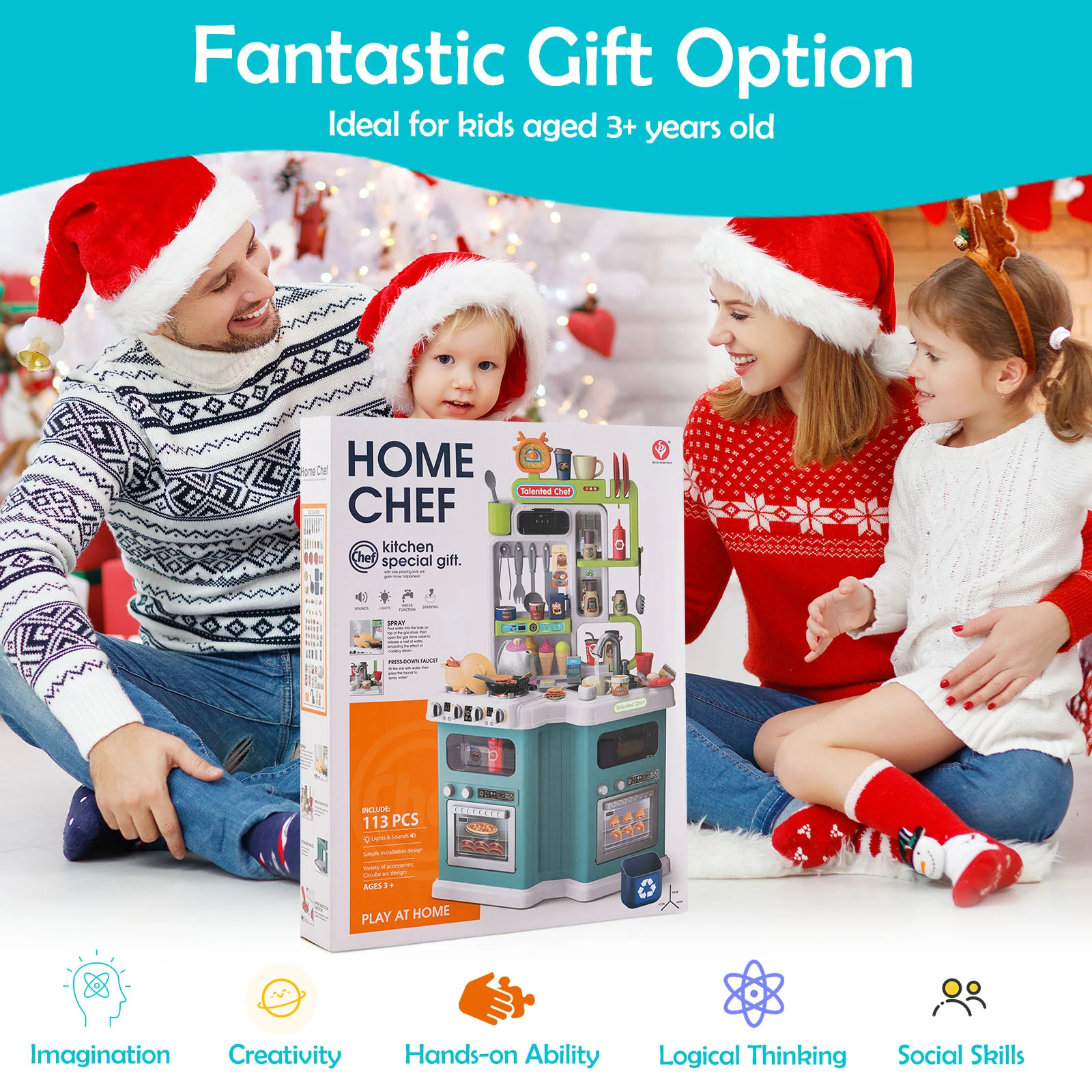 Kids Kitchen Playset, Corner Play Kitchen with Realistic Sounds and Lights, Cooking Stove with Steam - Image 9