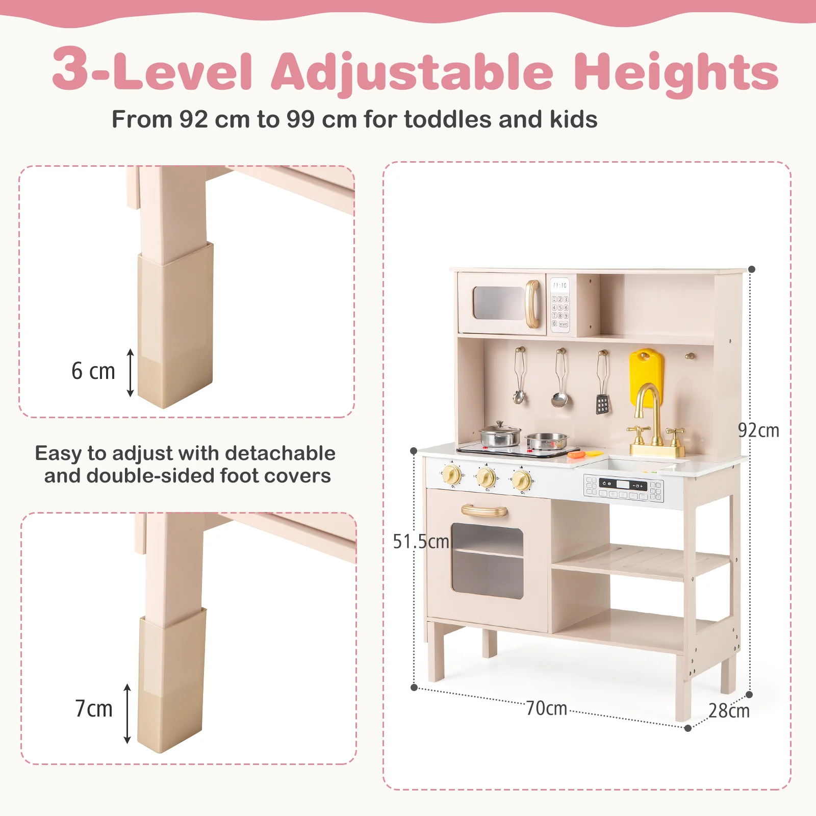 Kids Kitchen Playset, Height Adjustable Toy Kitchen for 3+ Years Old - Image 3