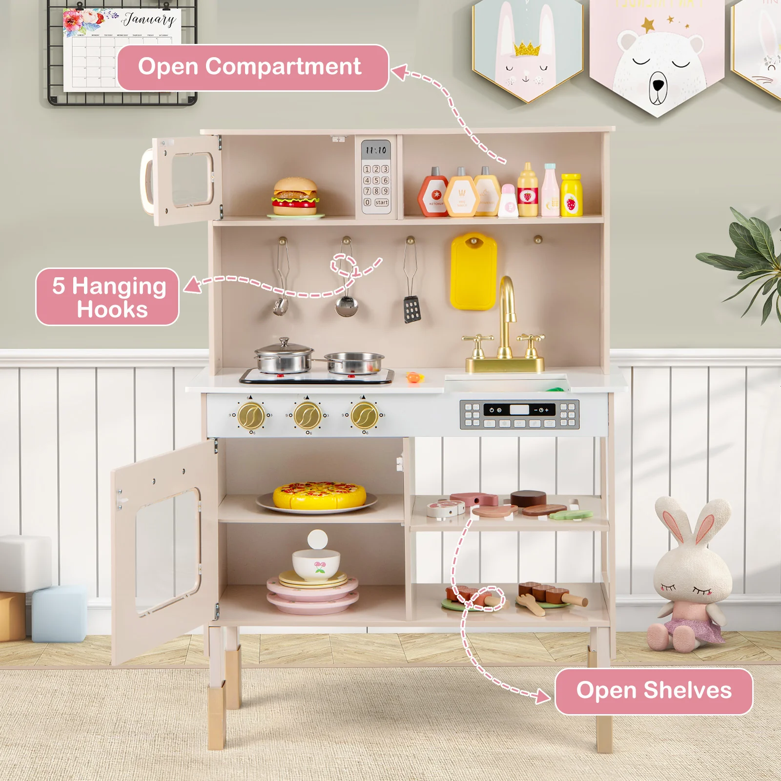Kids Kitchen Playset, Height Adjustable Toy Kitchen for 3+ Years Old - Image 6