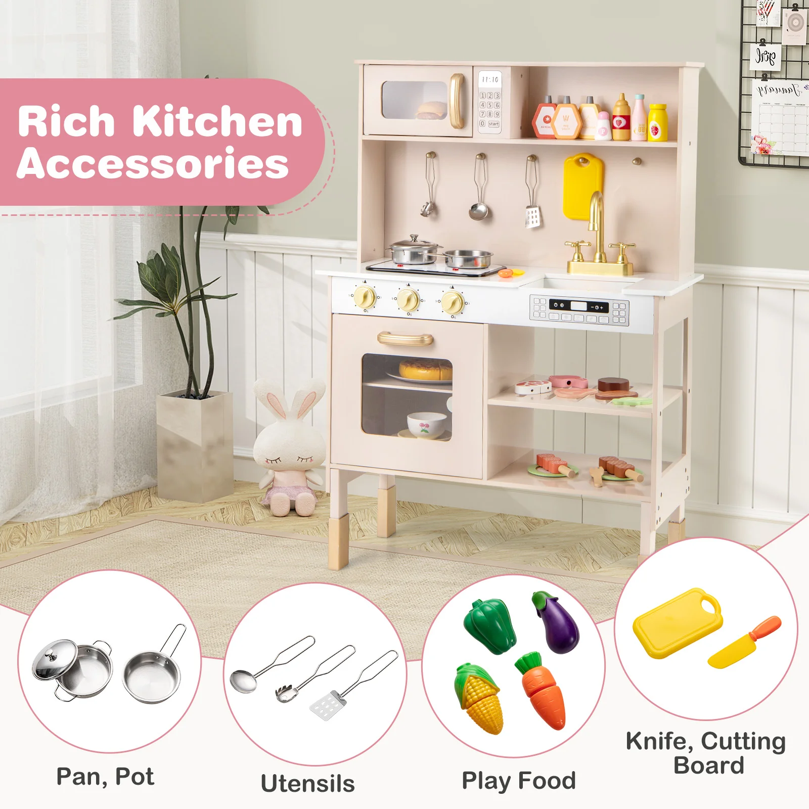 Kids Kitchen Playset, Height Adjustable Toy Kitchen for 3+ Years Old - Image 7