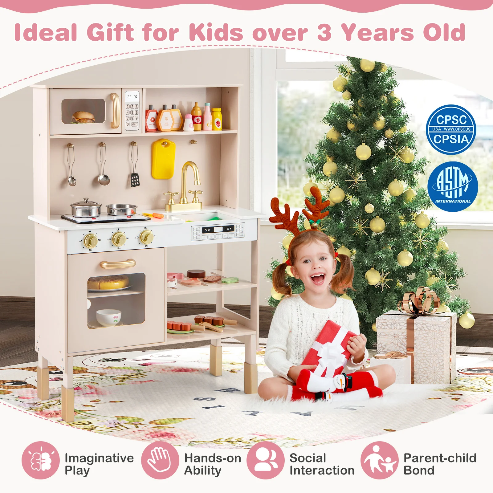 Kids Kitchen Playset, Height Adjustable Toy Kitchen for 3+ Years Old - Image 8