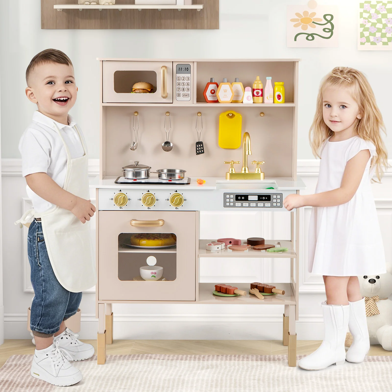 Kids Kitchen Playset, Height Adjustable Toy Kitchen for 3+ Years Old - Image 9