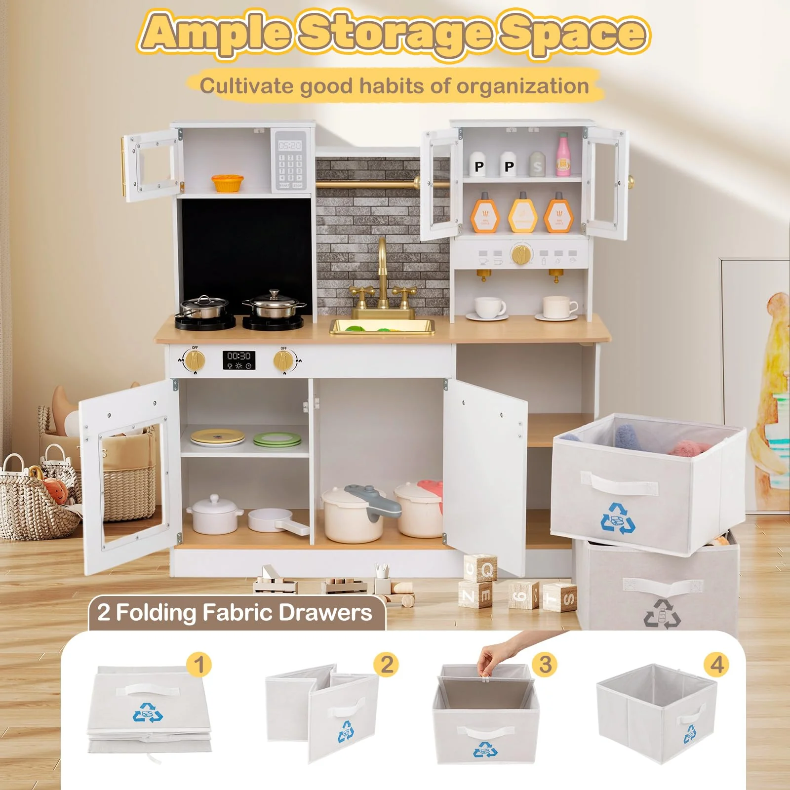 Kids Kitchen Playset Wooden Pretend Play Kitchen with Stoves - Image 5