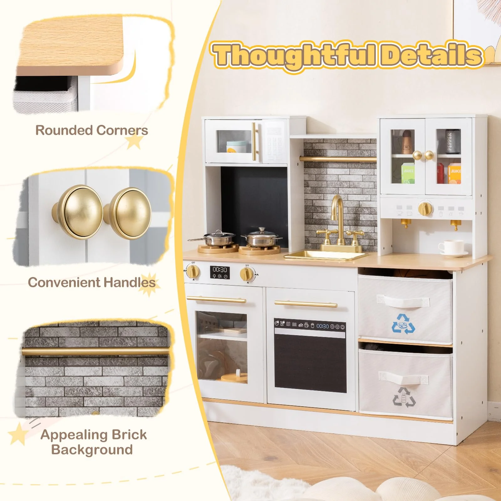 Kids Kitchen Playset Wooden Pretend Play Kitchen with Stoves - Image 7
