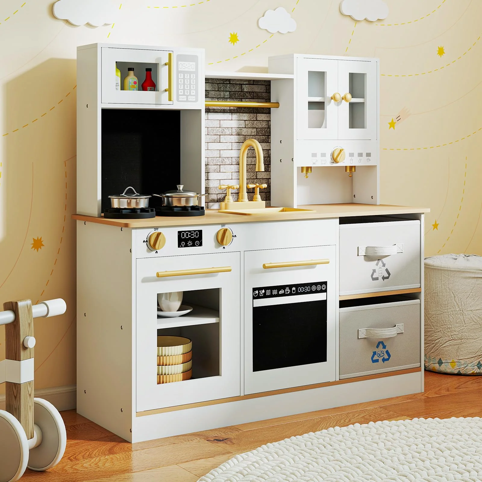 Kids Kitchen Playset Wooden Pretend Play Kitchen with Stoves - Image 9