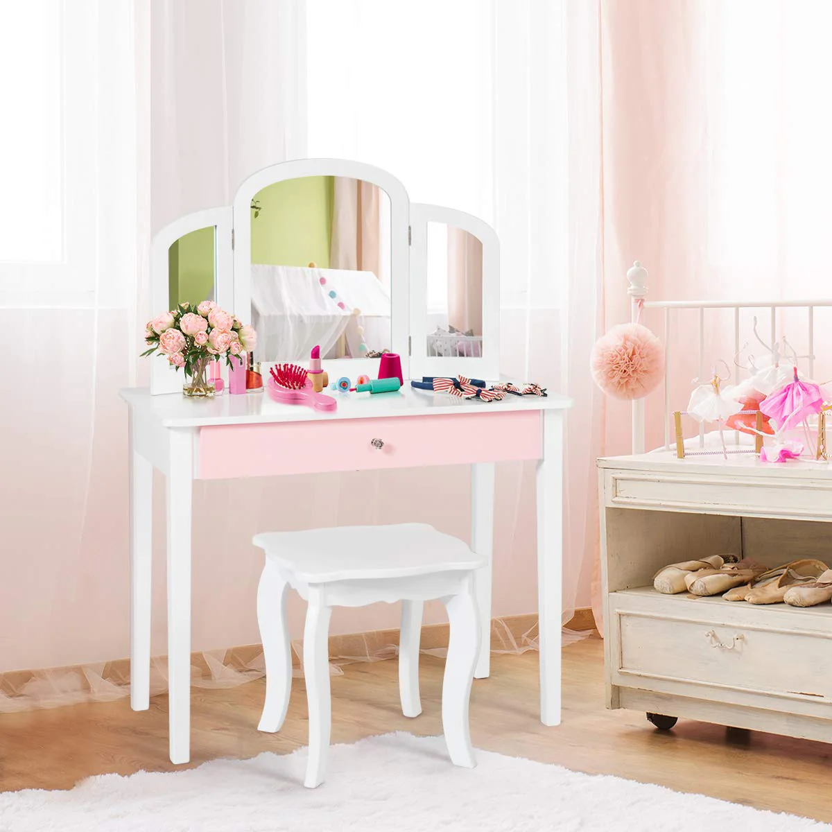 Kids Makeup Table Stool Set with Tri-folding Mirror for Bedroom - Image 3