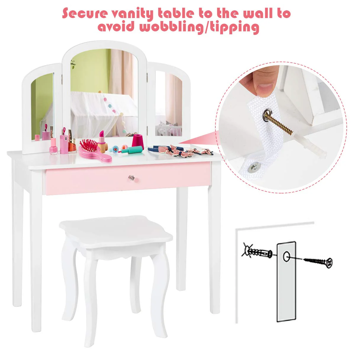 Kids Makeup Table Stool Set with Tri-folding Mirror for Bedroom - Image 6