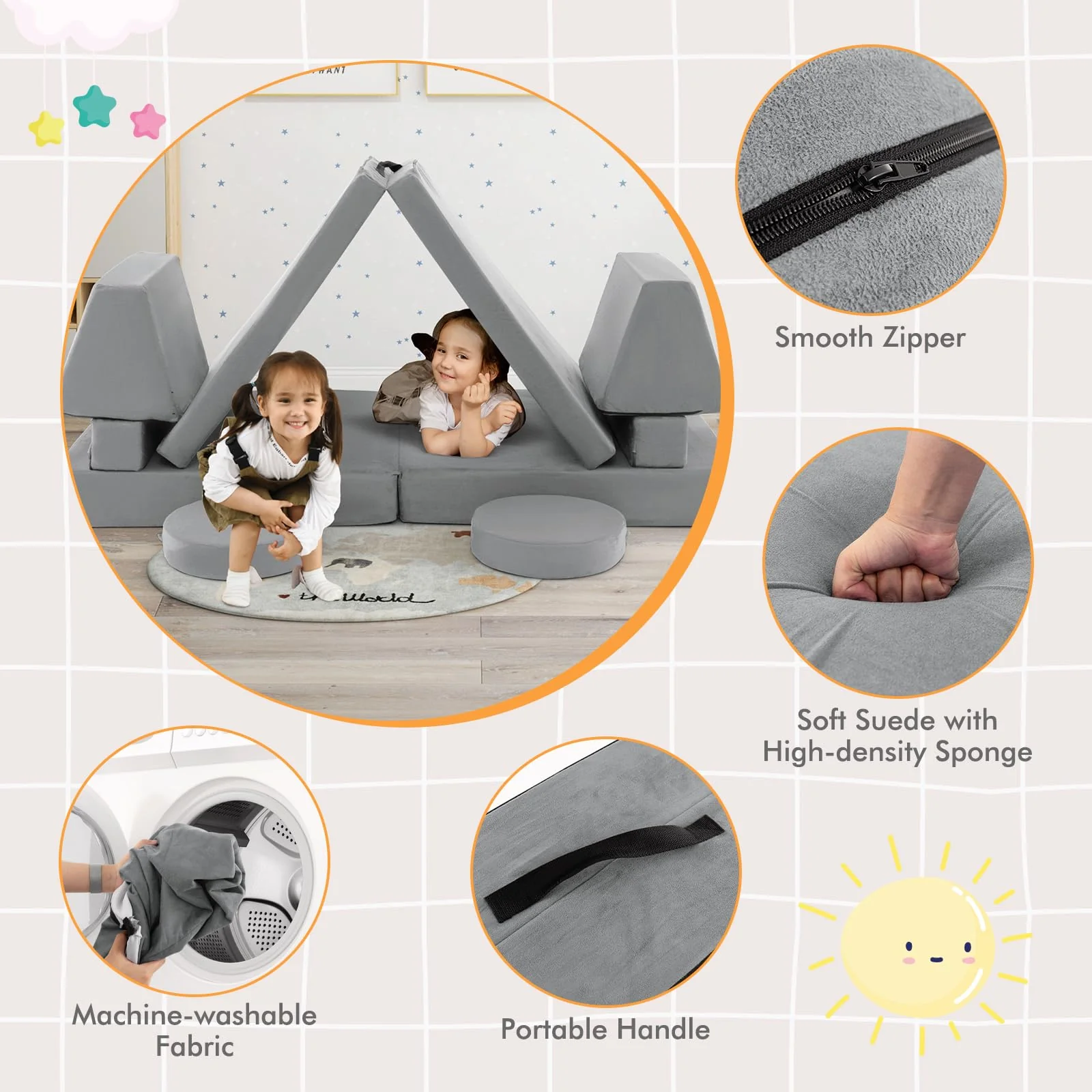 Kids Modular Convertible Foam Folding Sofa with Portable Handle - Image 6