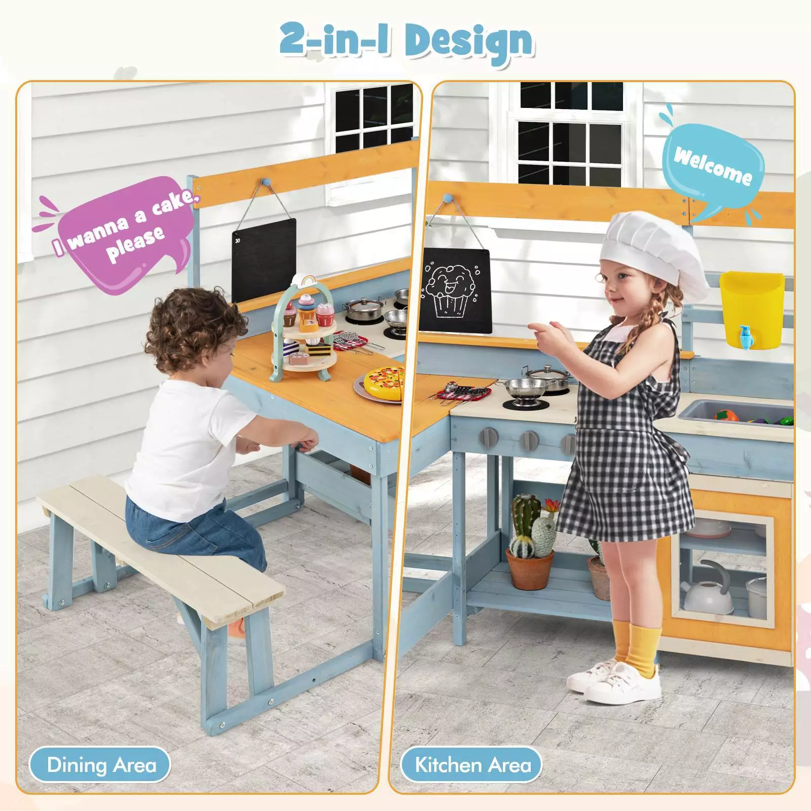 Kids Mud Kitchen 2-in-1 Outdoor Toy Kitchen Dining Area w Bench & Blackboard - Image 10