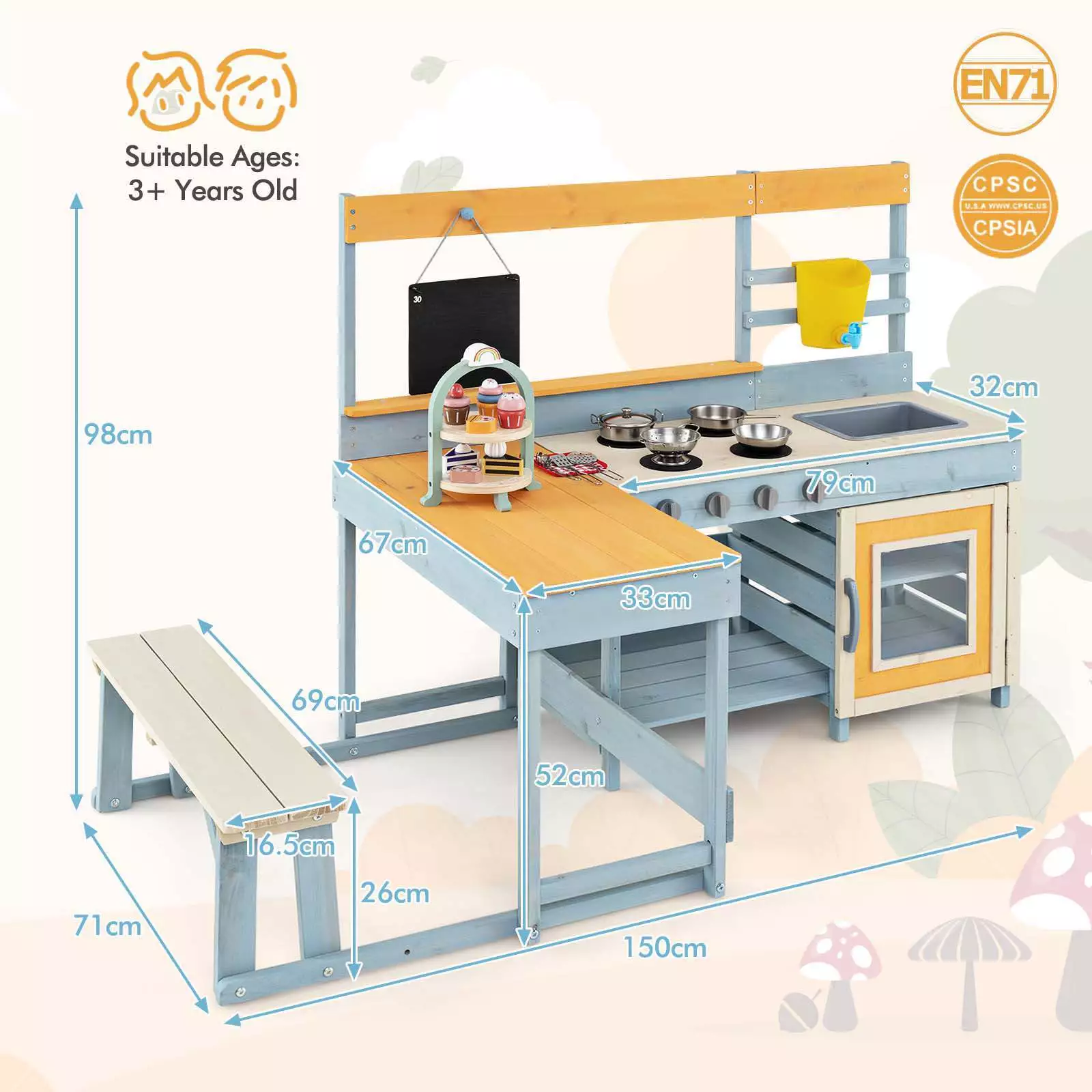 Kids Mud Kitchen 2-in-1 Outdoor Toy Kitchen Dining Area w Bench & Blackboard - Image 3